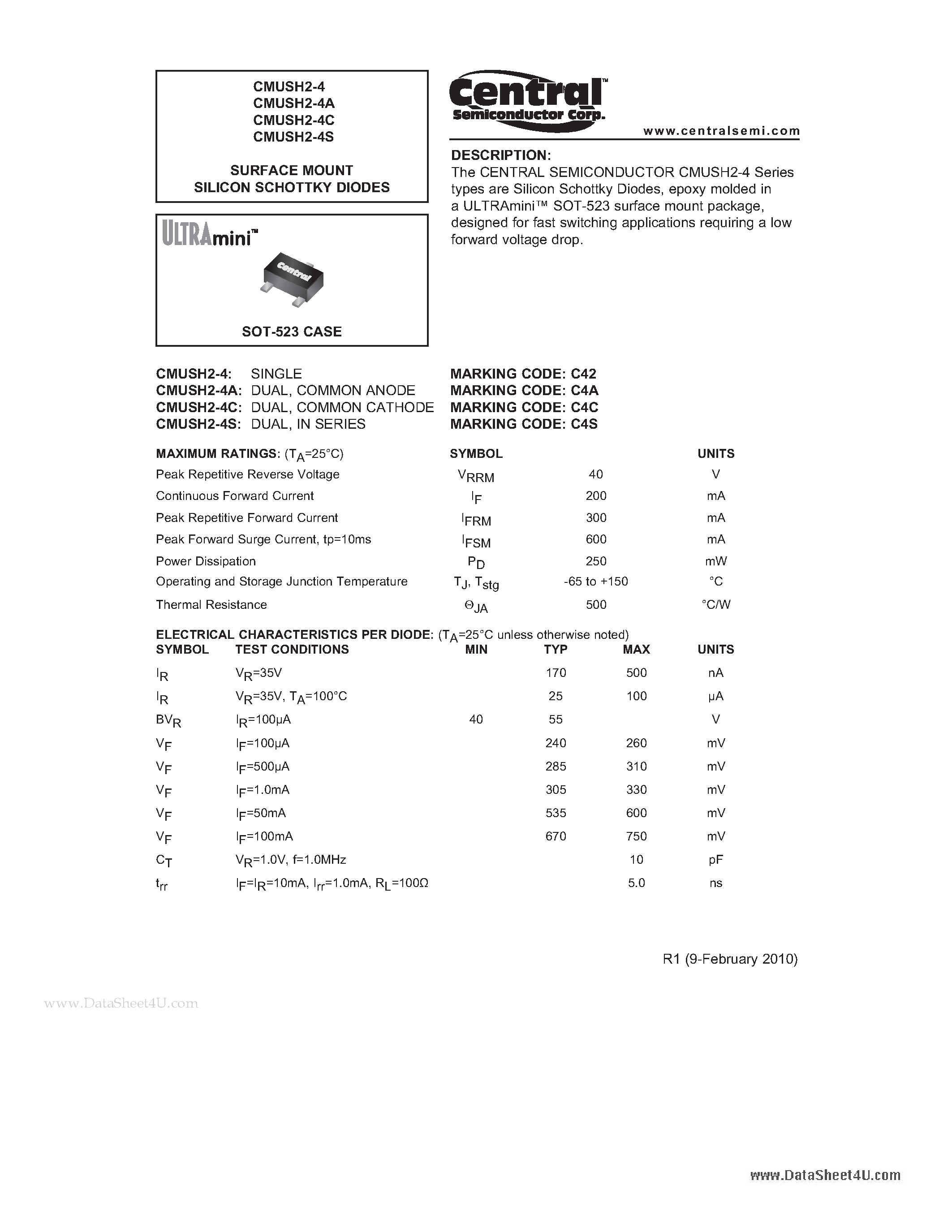 Даташит CMUSH2-4 - SURFACE MOUNT SILICON SCHOTTKY DIODES страница 1