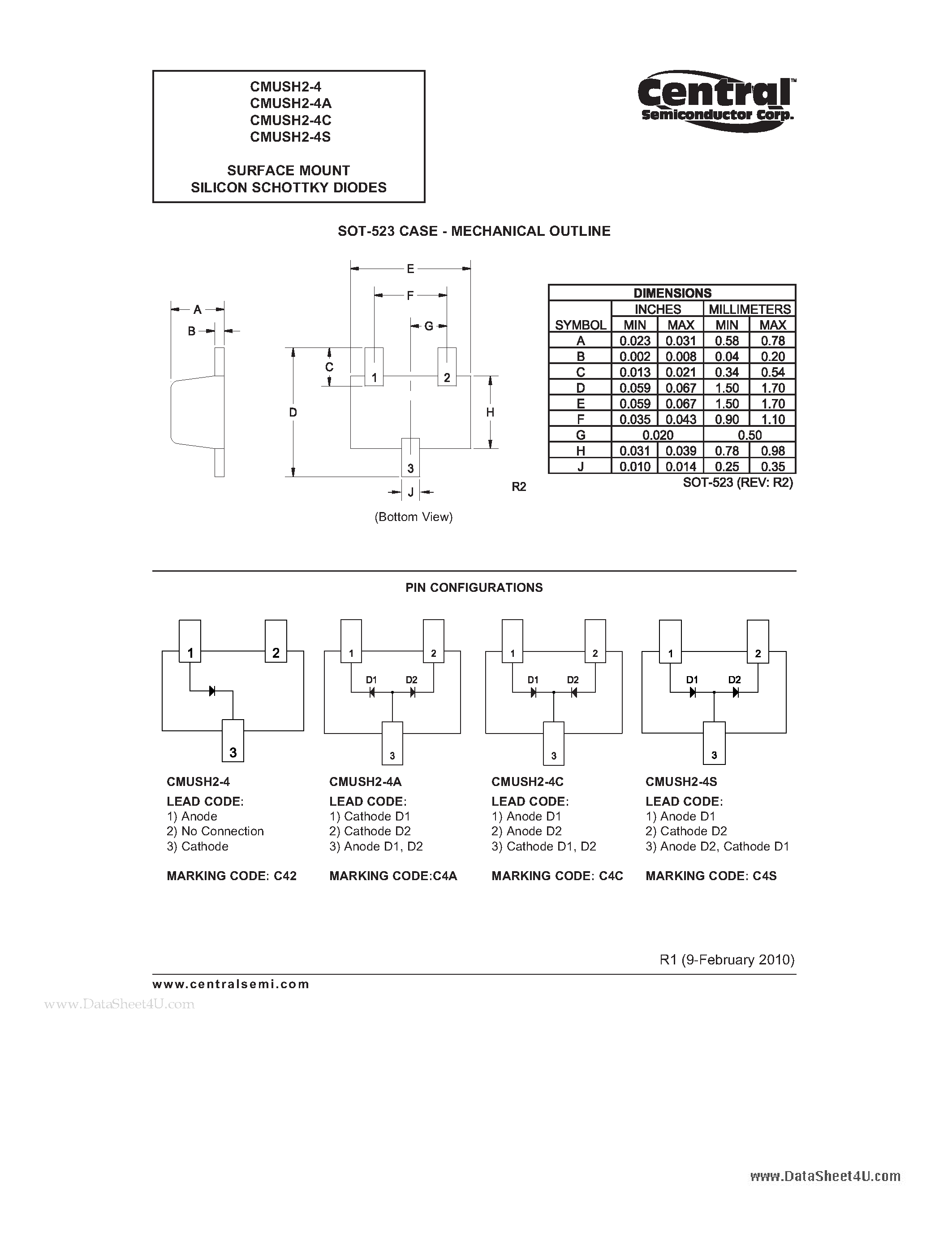 Даташит CMUSH2-4 - SURFACE MOUNT SILICON SCHOTTKY DIODES страница 2