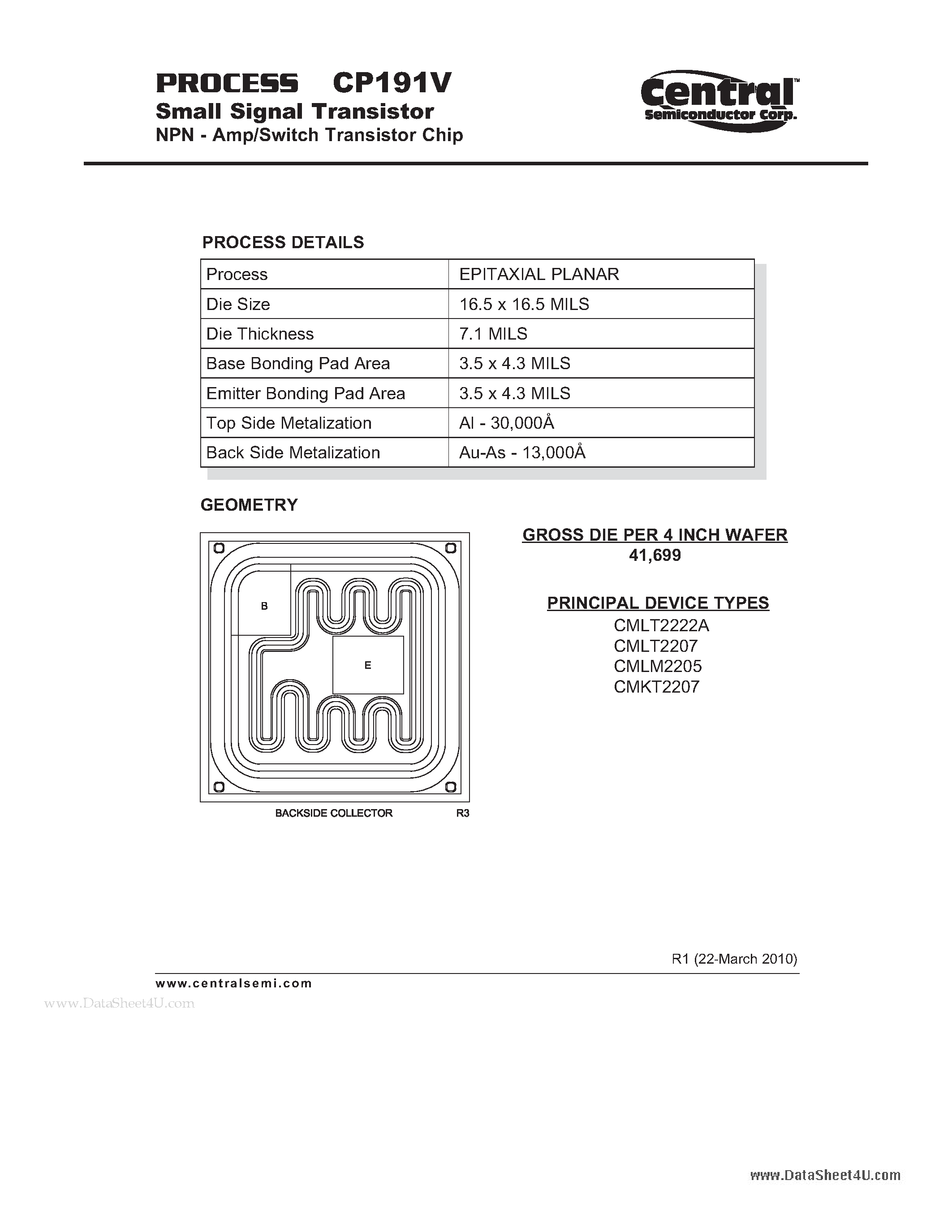 Datasheet CP191V - Small Signal Transistor NPN - Amp/Switch Transistor Chip page 1