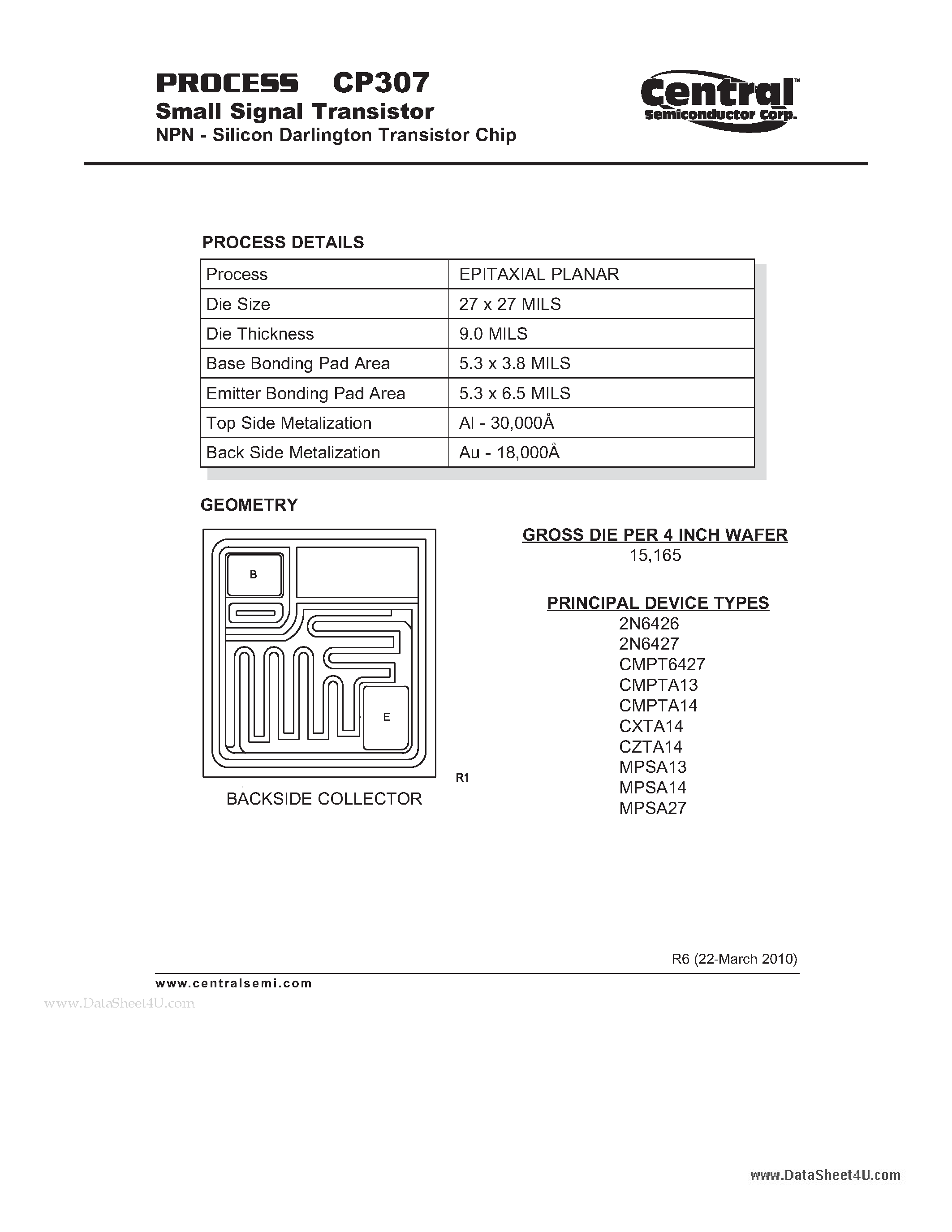 Datasheet CP307 - Small Signal Transistor NPN - Silicon Darlington Transistor Chip page 1