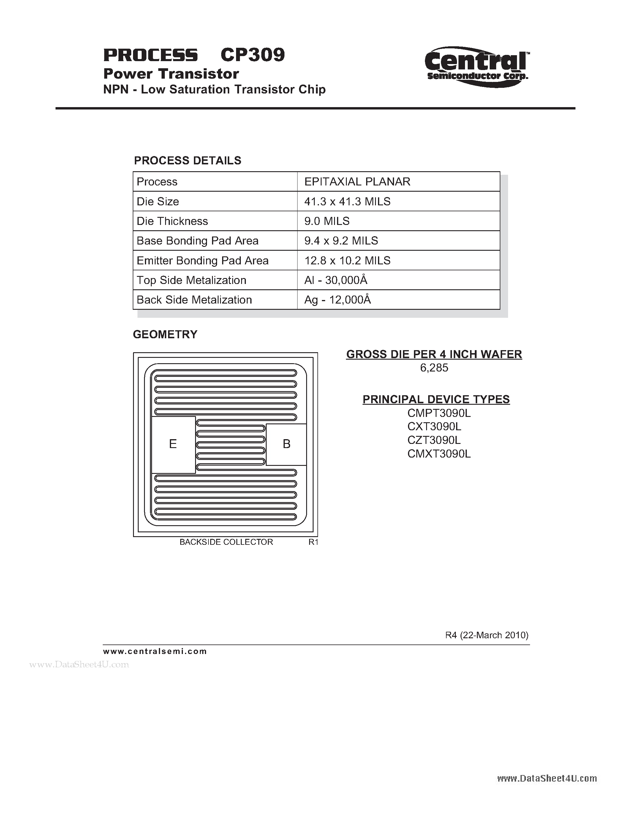 Datasheet CP309 - Power Transistor NPN - Low Saturation Transistor Chip page 1