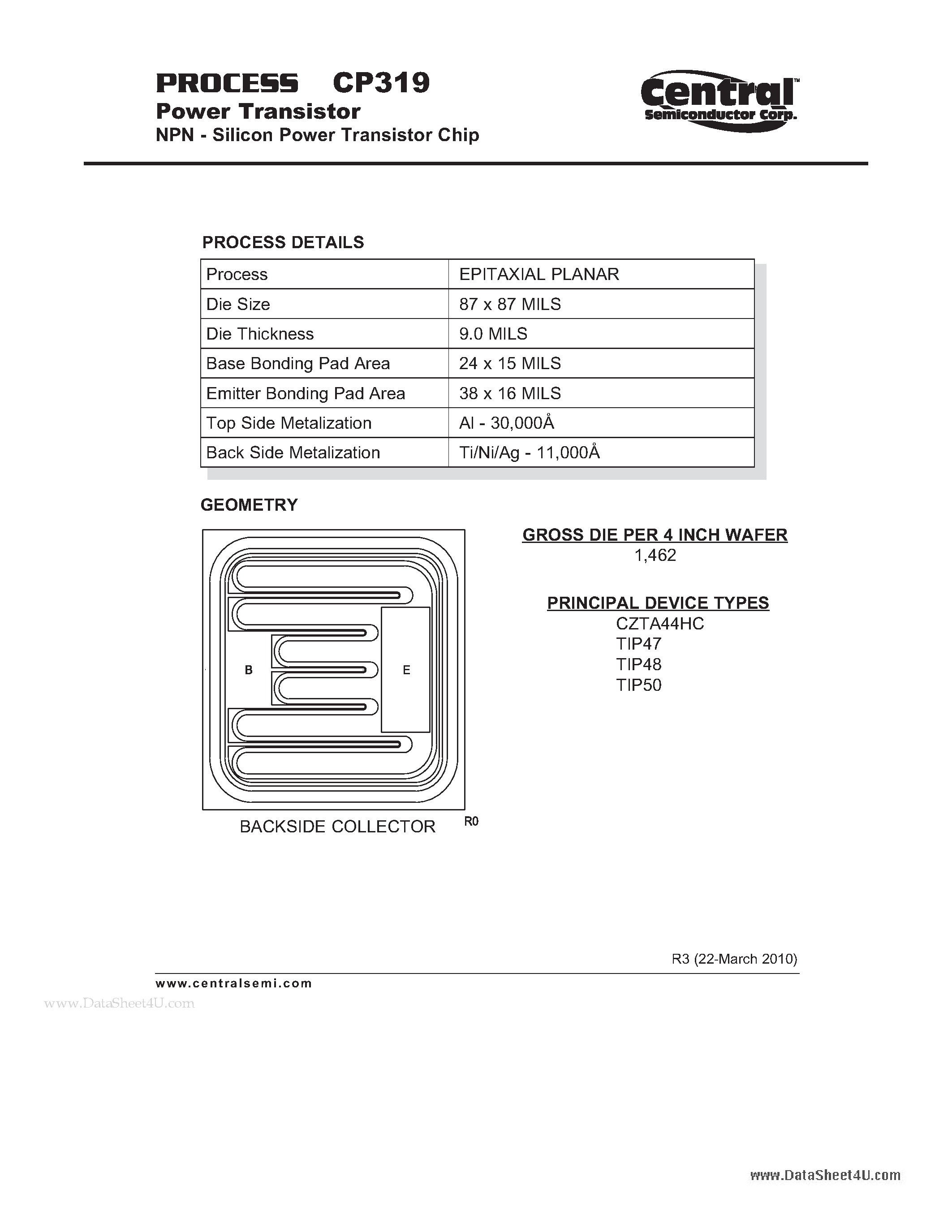 Datasheet CP319 - Power Transistor NPN - Silicon Power Transistor Chip page 1