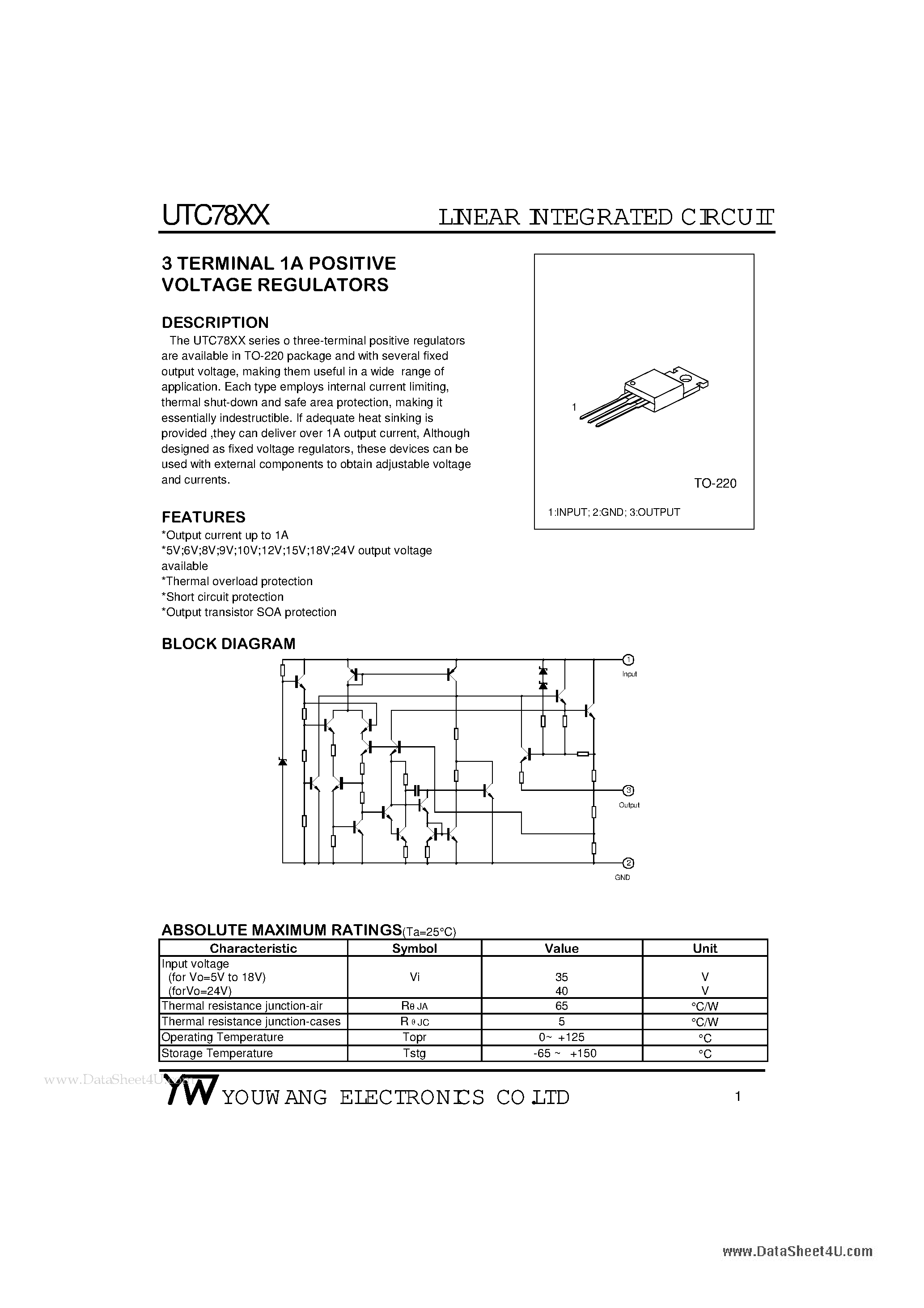 Даташит UTC7805 - 3 TERMINAL 1A POSITIVE Voltage Regulator страница 1