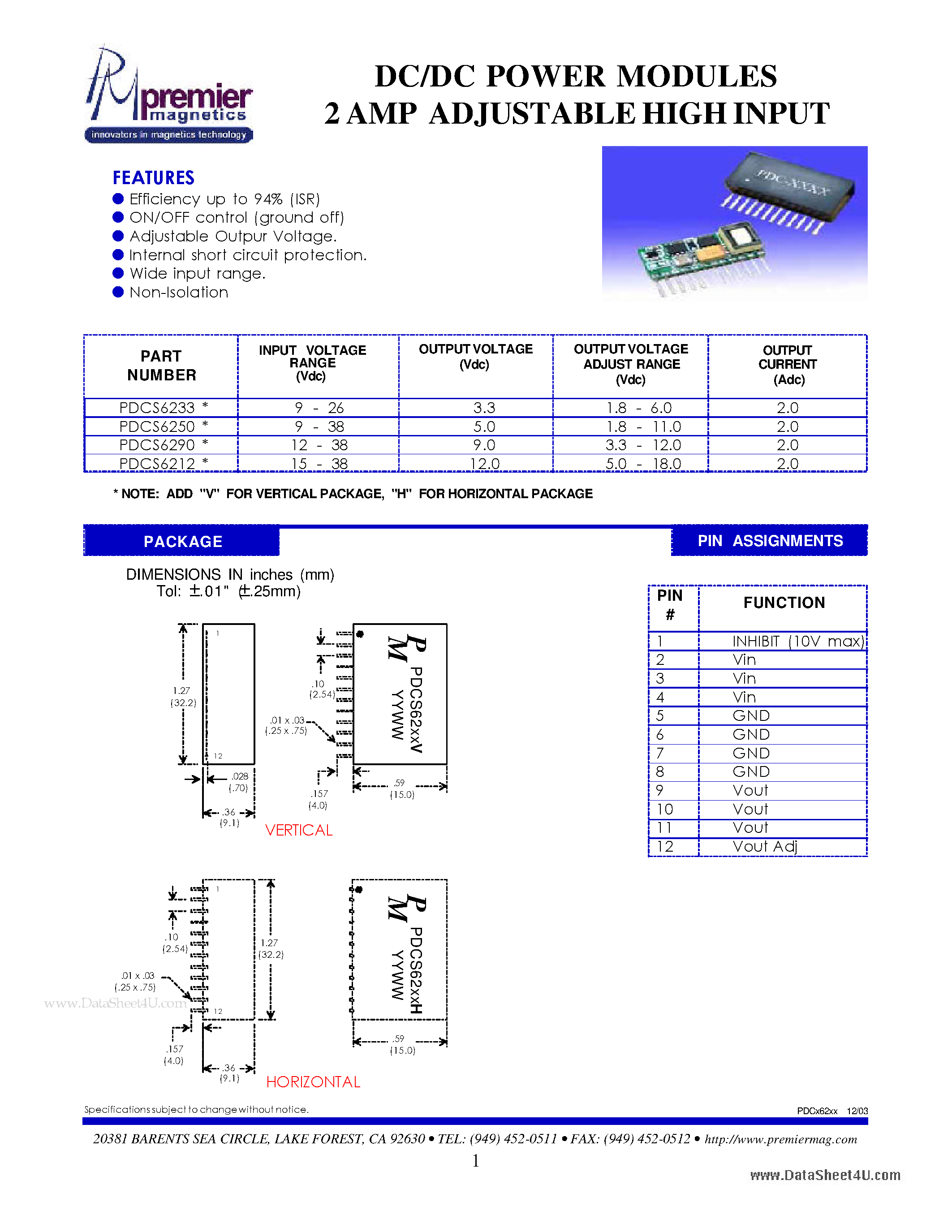 Даташит PDCS6212 - DC/DC POWER MODULES 2 AMP ADJUSTABLE HIGH INPUT страница 1