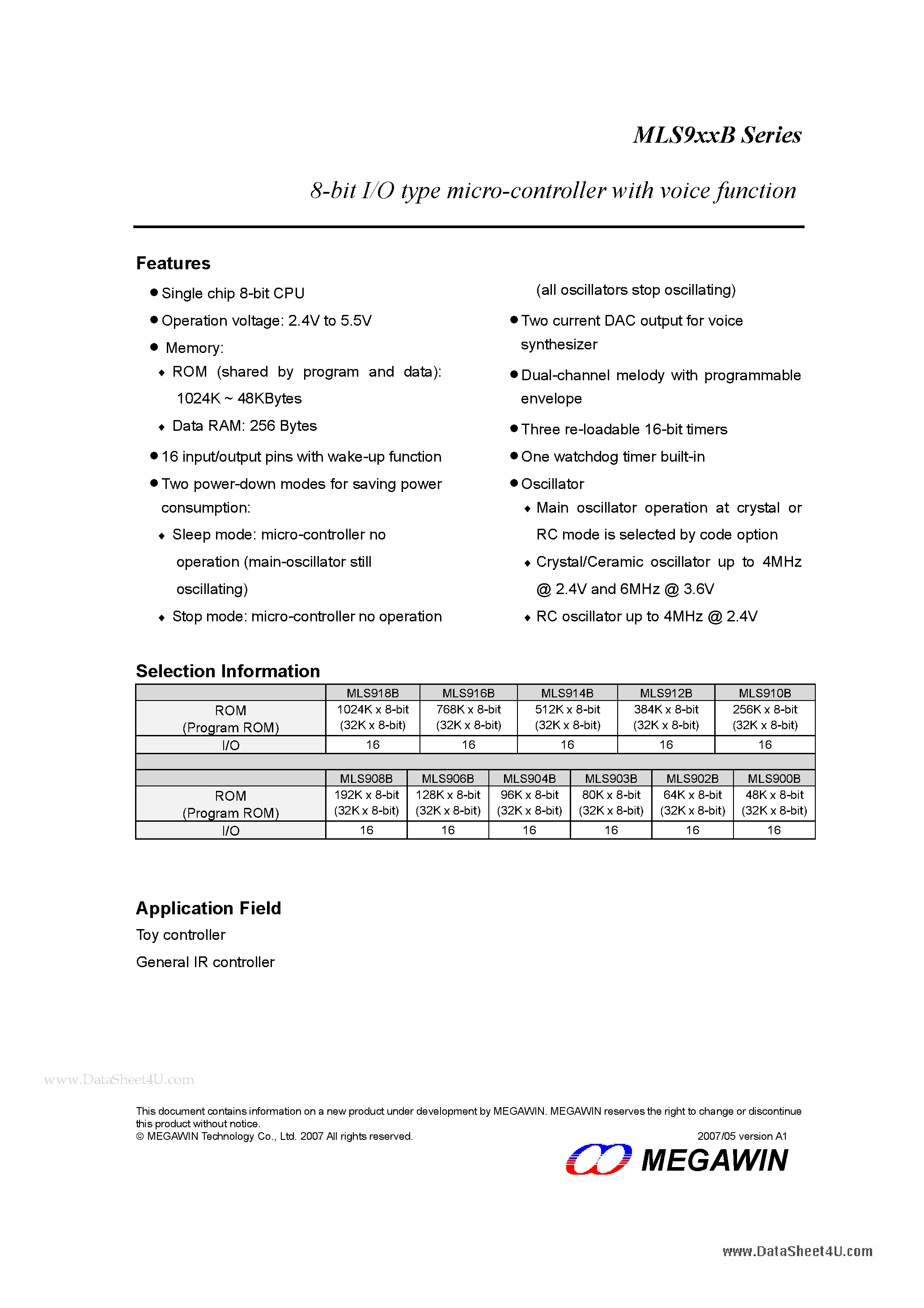 Datasheet MLS900B - (MLS9xxB) 8-bit I/O type micro-controller page 1