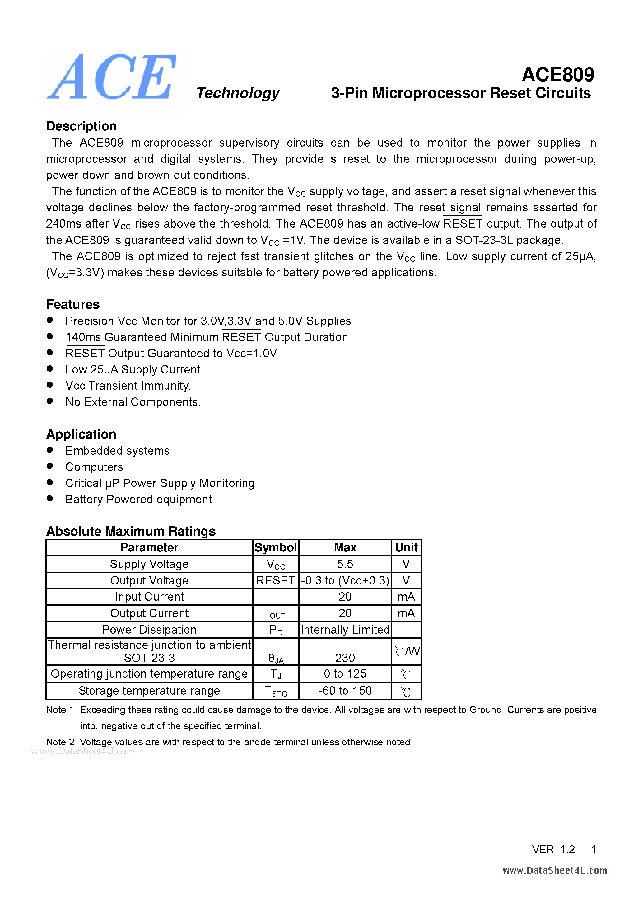 Datasheet ACE809 - 3-Pin Microprocessor Reset Circuits page 1