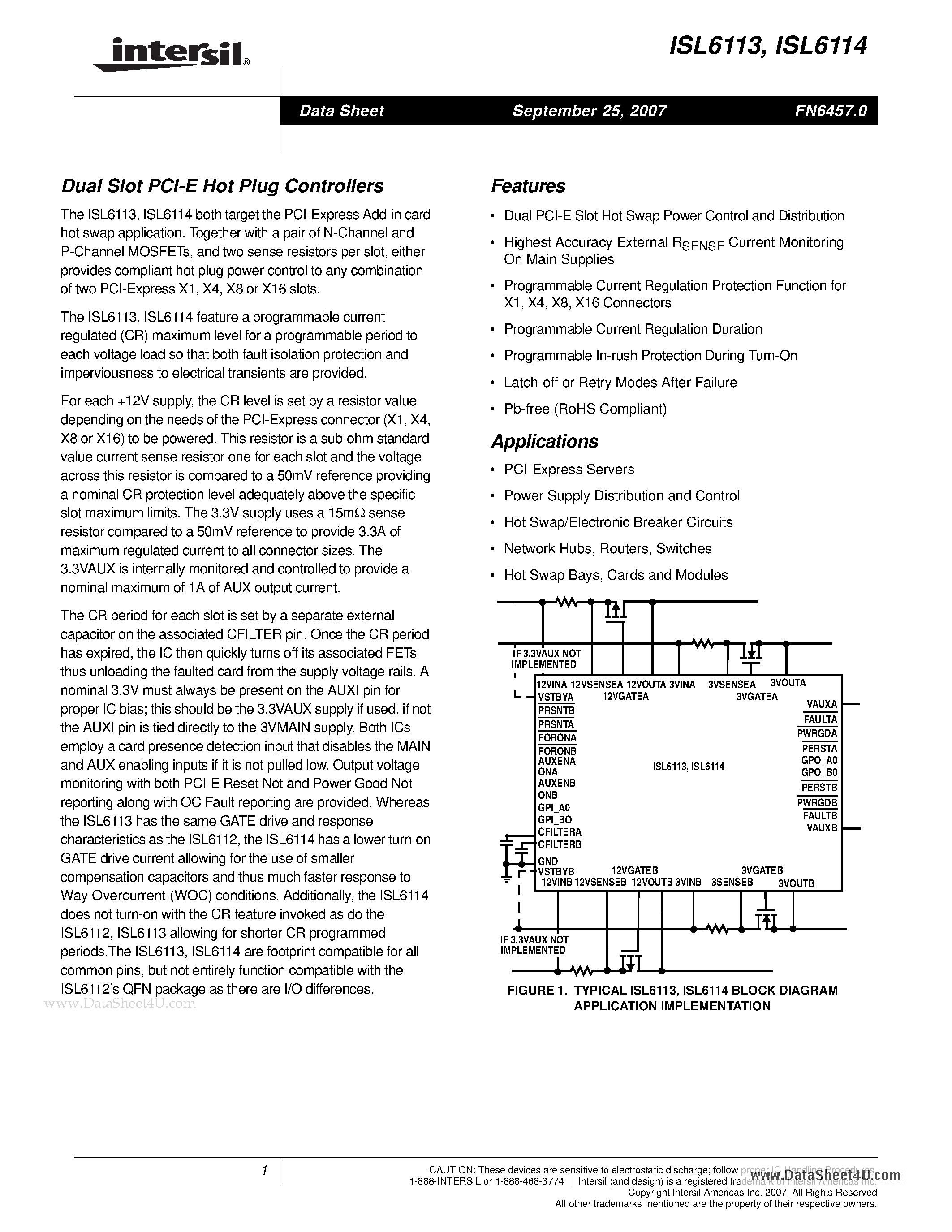 Datasheet ISL6113 - (ISL6113 / ISL6114) Dual Slot PCI-E Hot Plug Controllers page 1