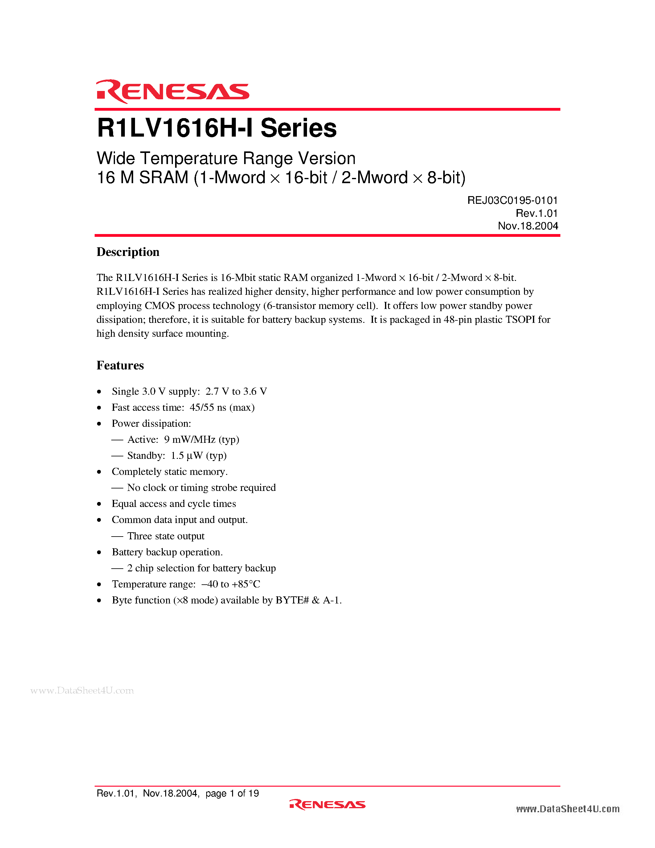 Datasheet R1LV1616H-I - Wide Temperature Range Version 16M SRAM page 1