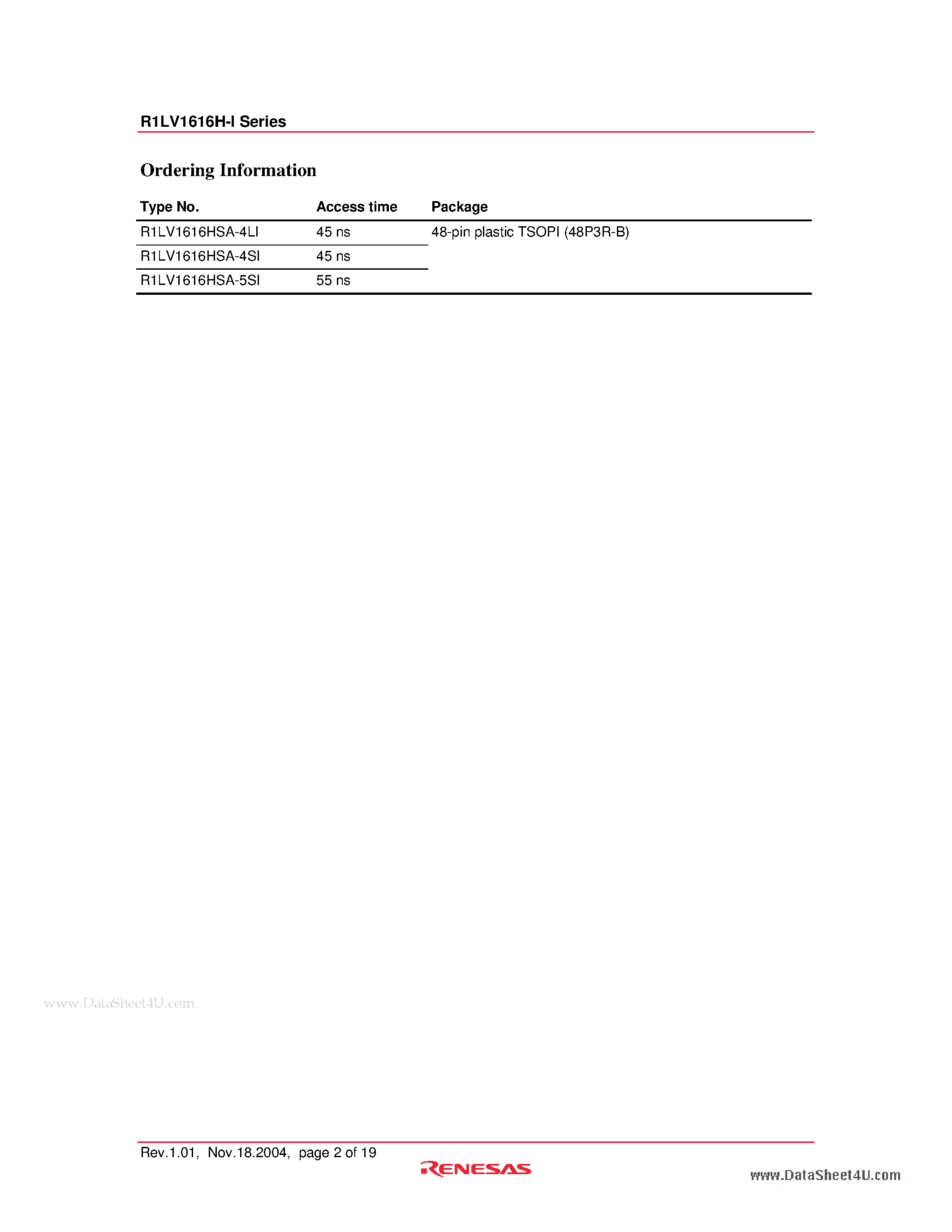 Datasheet R1LV1616H-I - Wide Temperature Range Version 16M SRAM page 2