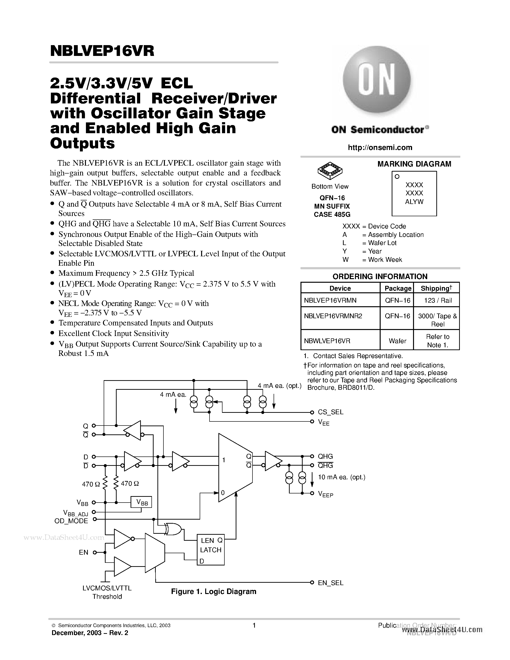 Даташит NBLVEP16VR - 2.5V/3.3V/5V ECL Differential Receiver/Driver страница 1