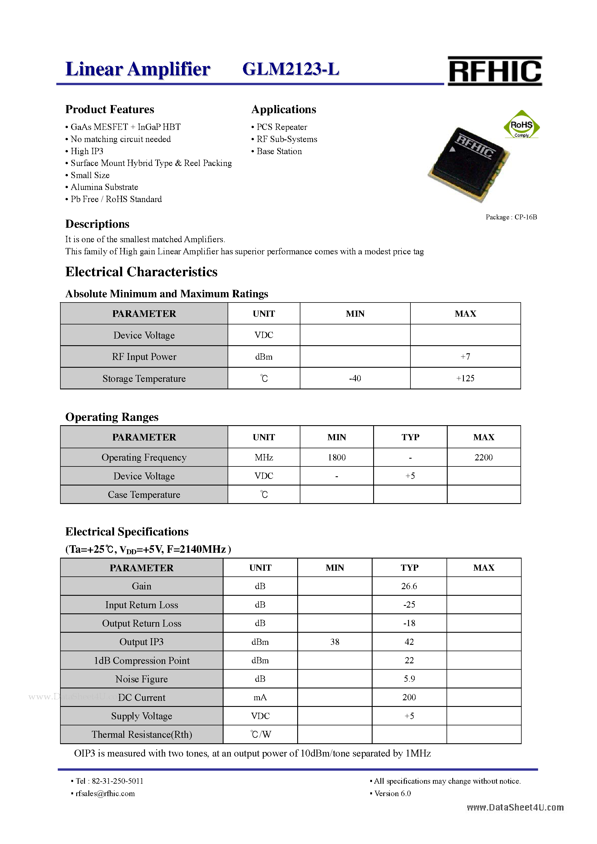 Datasheet GLM2123-L - Linear Amplifier page 1