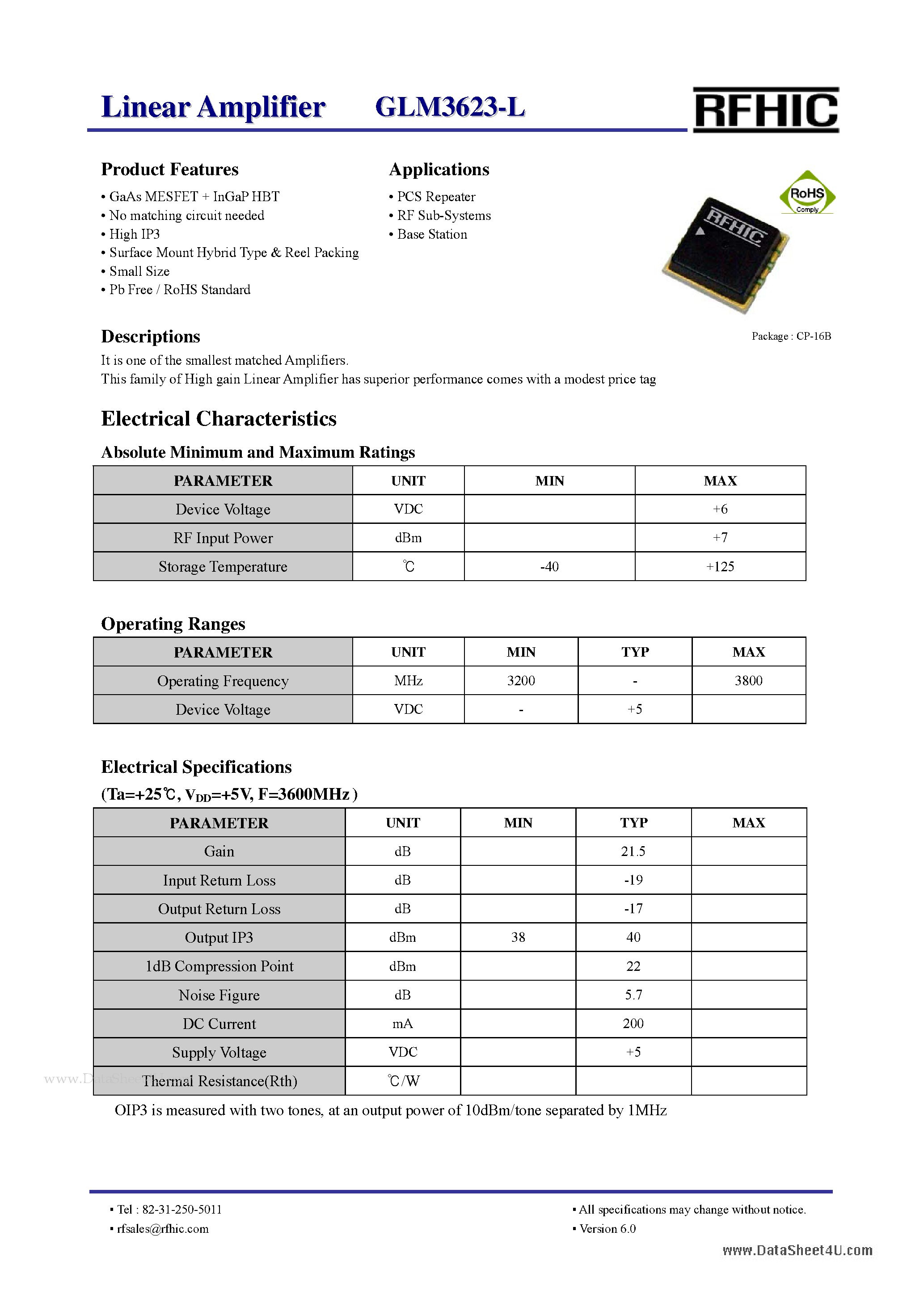 Datasheet GLM3623-L - Linear Amplifier page 1