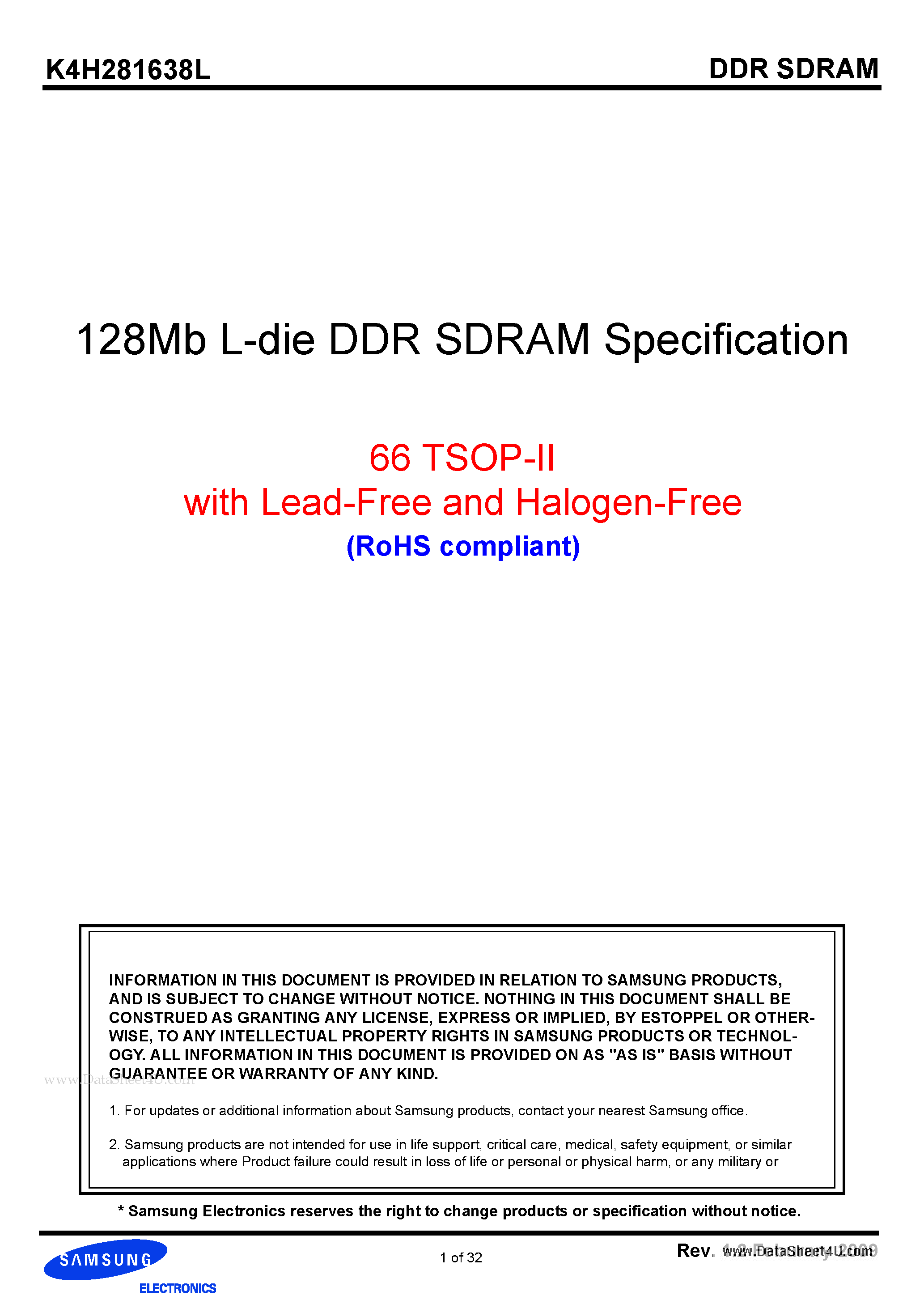 Datasheet K4H281638L - 128Mb L-die DDR SDRAM Specification page 1