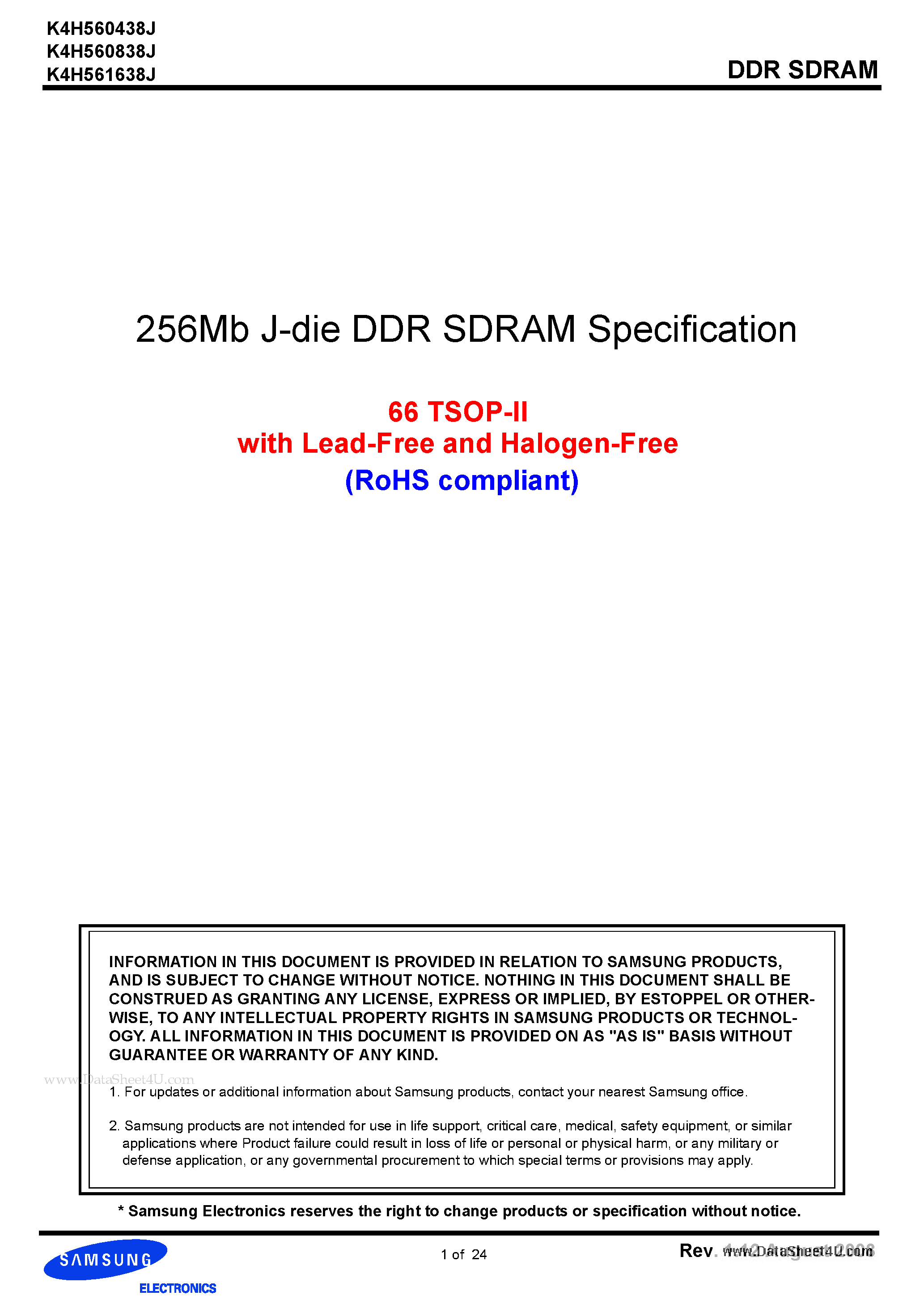 Даташит K4H560838J - 256Mb J-die DDR SDRAM Specification страница 1