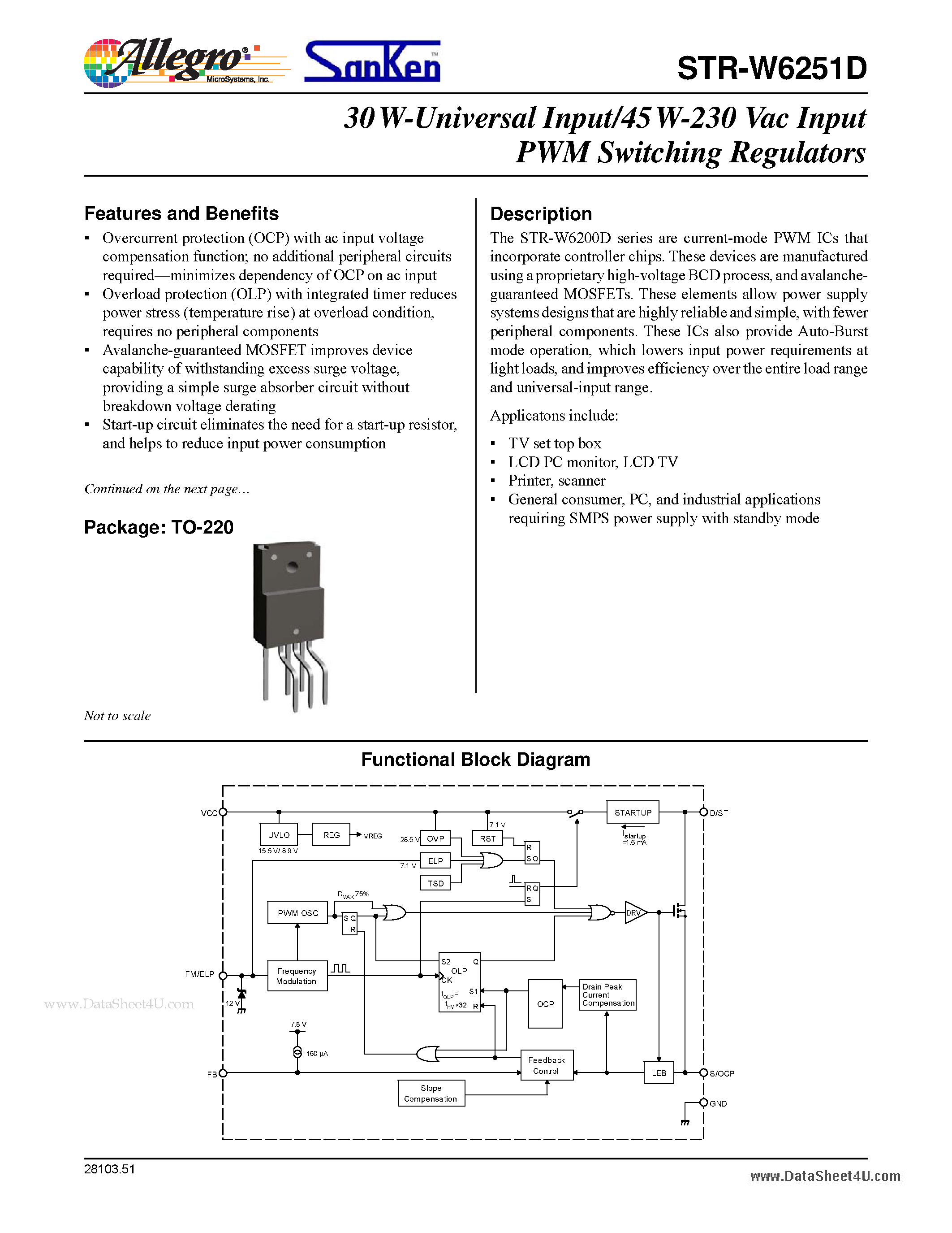 Даташит STR-W6251D - 30 W-Universal Input/45 W-230 Vac Input PWM Switching Regulators страница 1