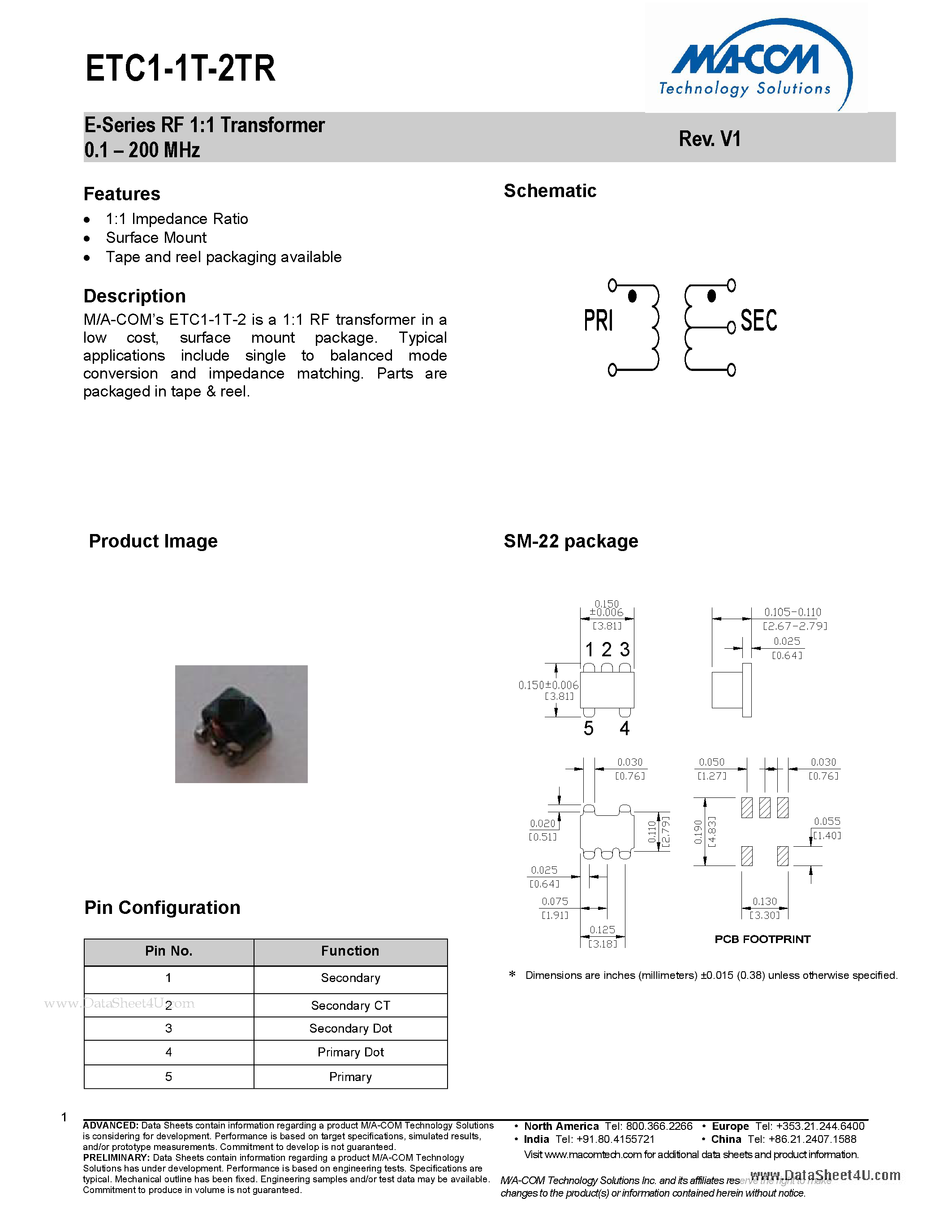 Datasheet ETC1-1T-2TR - E-Series RF 1:1 Transformer page 1