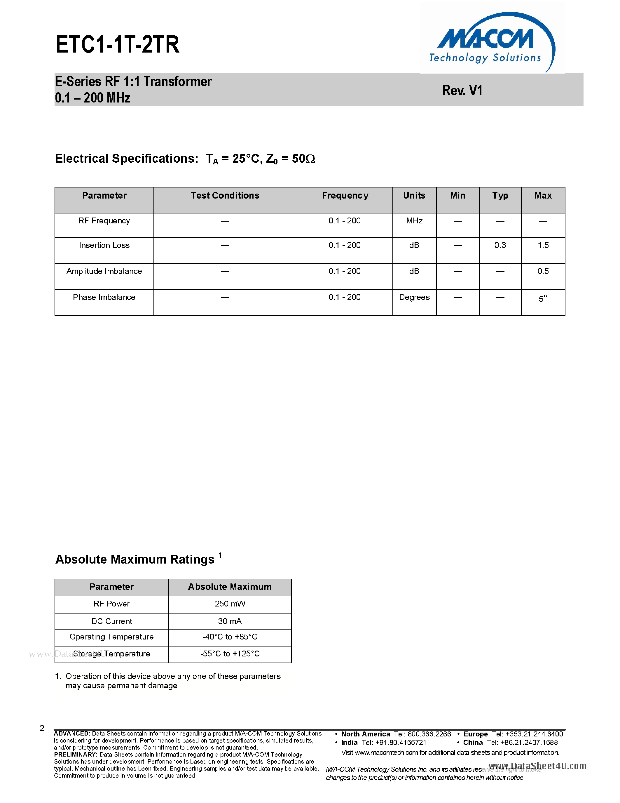 Datasheet ETC1-1T-2TR - E-Series RF 1:1 Transformer page 2