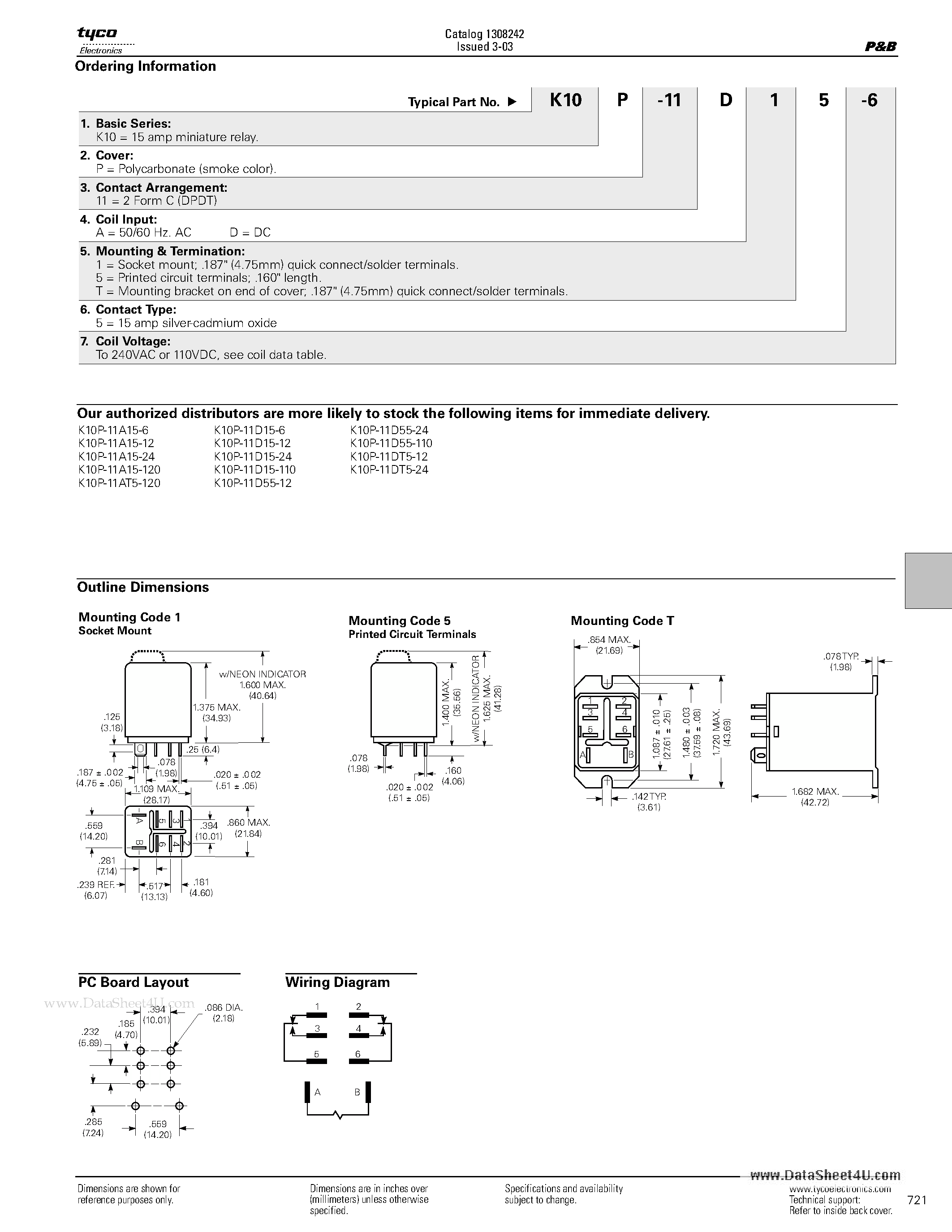 Даташит K10 - 15 Amp General Purpose Miniature Relay страница 2