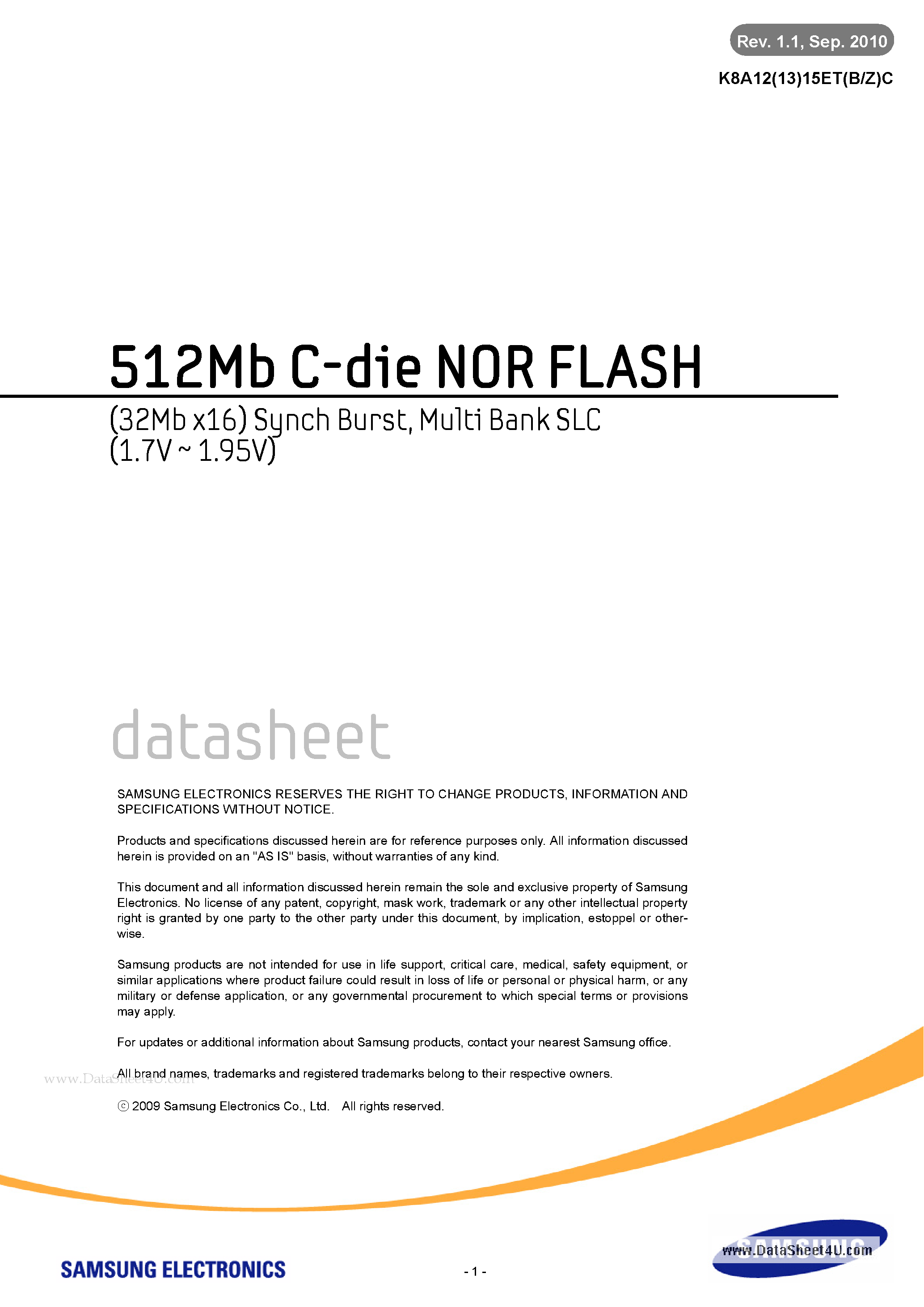 Datasheet K8A1215EBC - 512Mb C-die NOR FLASH page 1