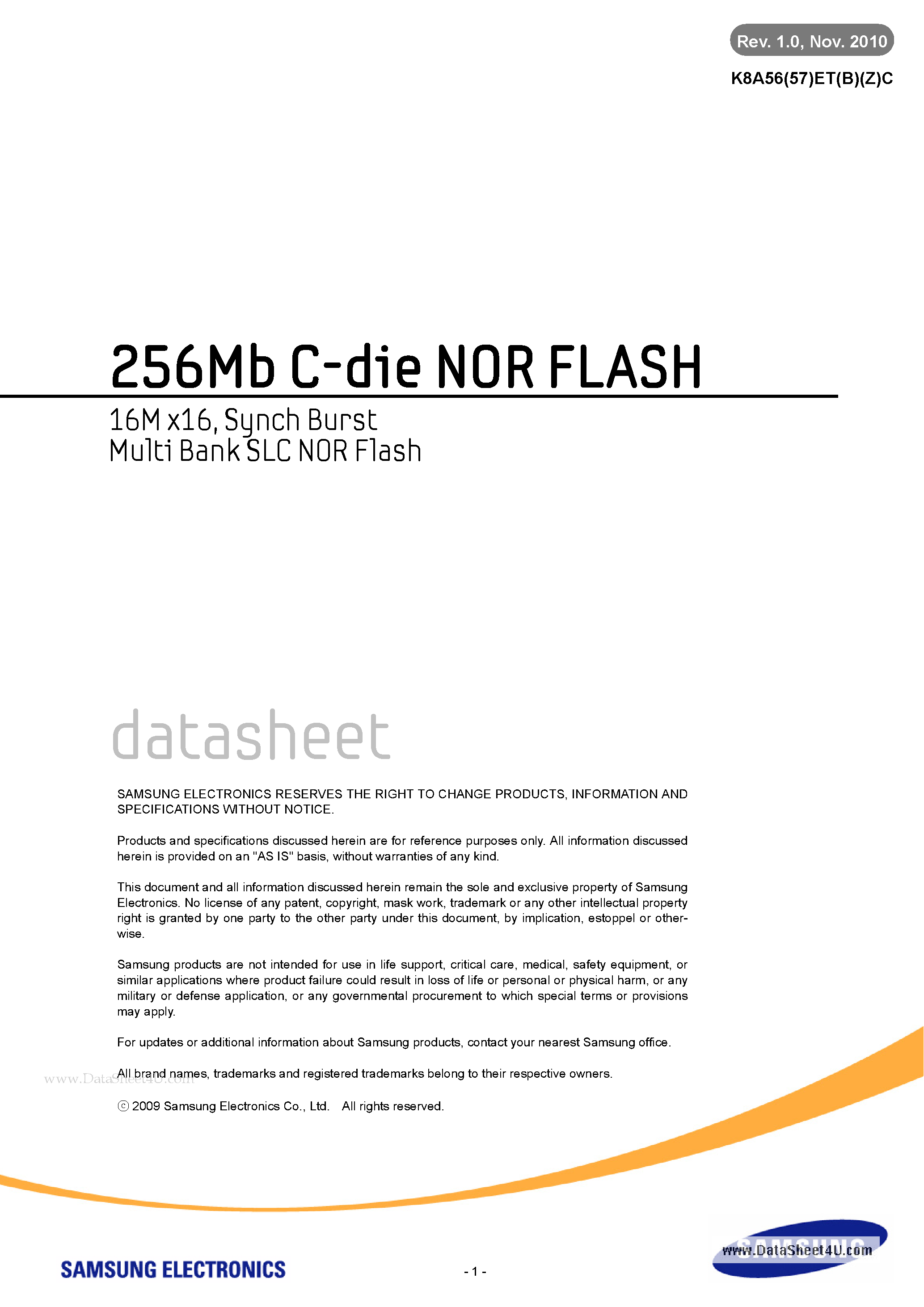 Datasheet K8A56ETC - 256Mb C-die NOR FLASH page 1