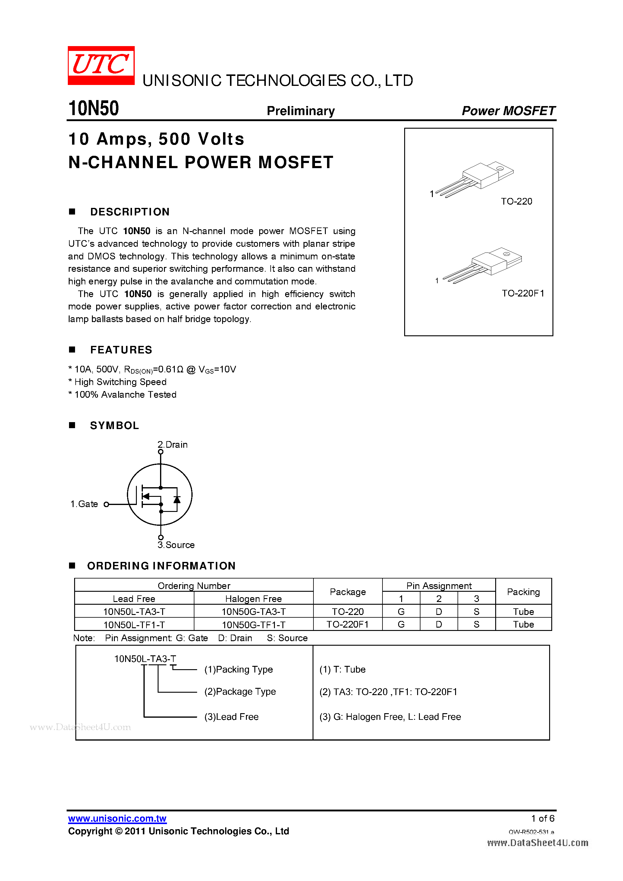 Даташит 10N50 - N-CHANNEL POWER MOSFET страница 1