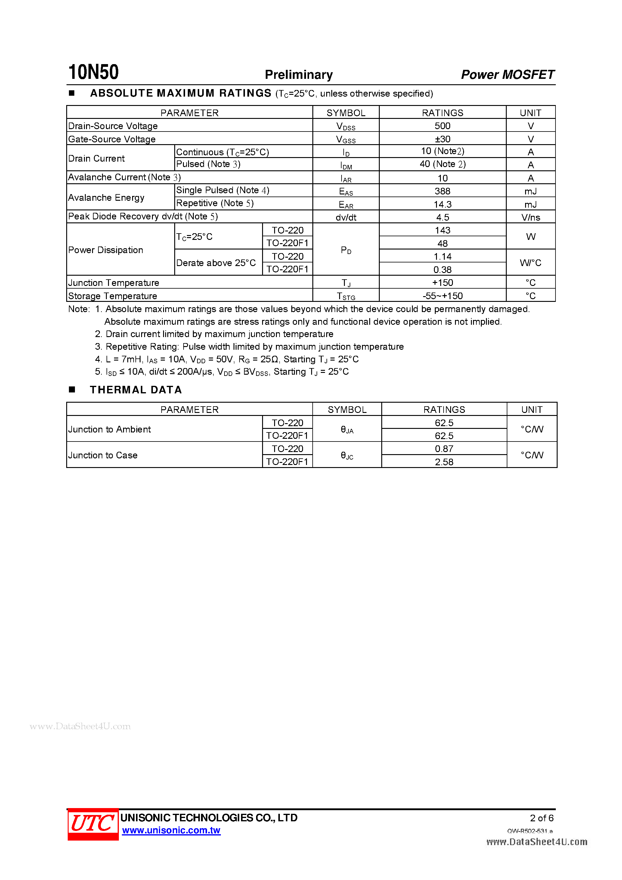 Даташит 10N50 - N-CHANNEL POWER MOSFET страница 2