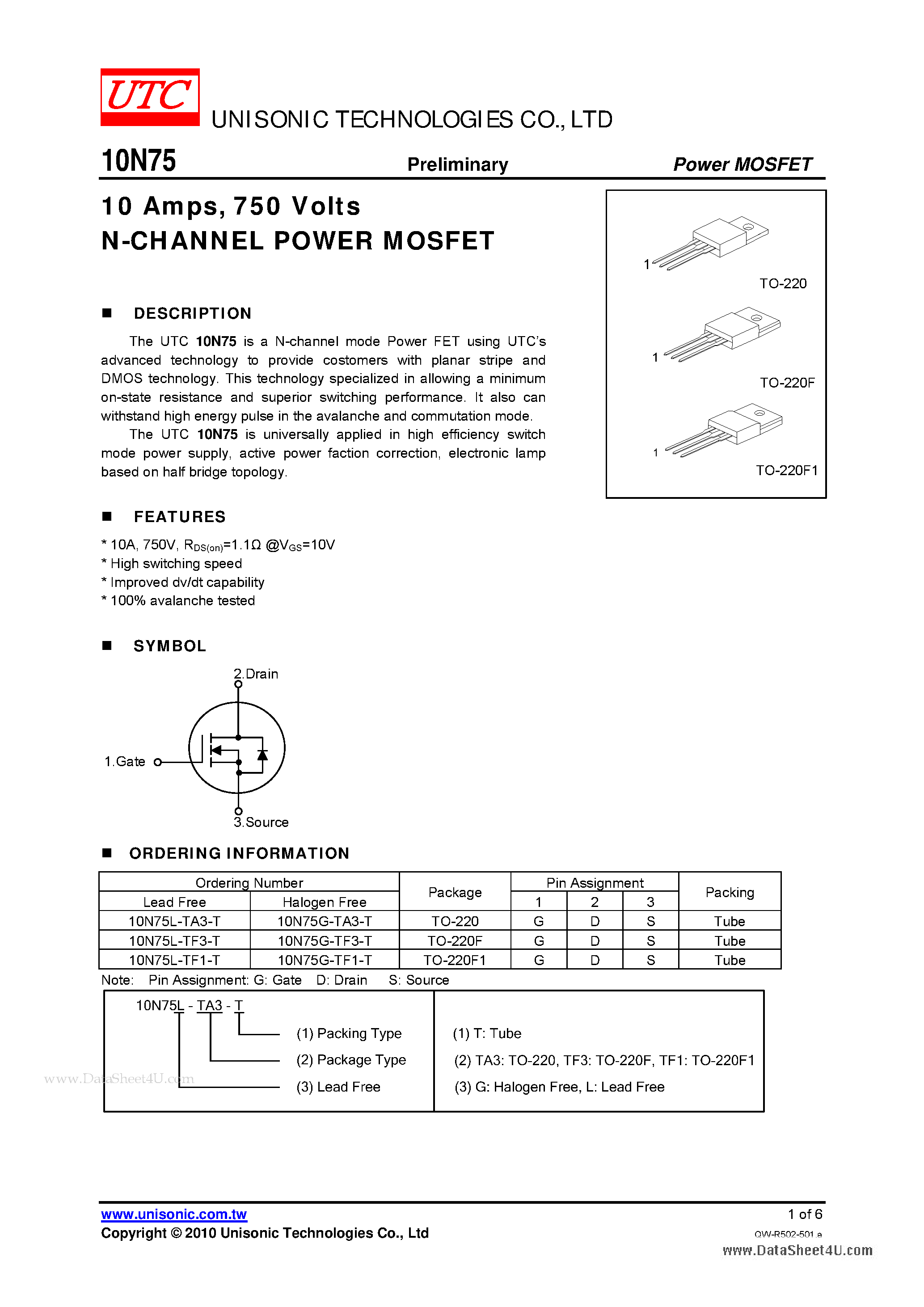 Даташит 10N75 - N-CHANNEL POWER MOSFET страница 1