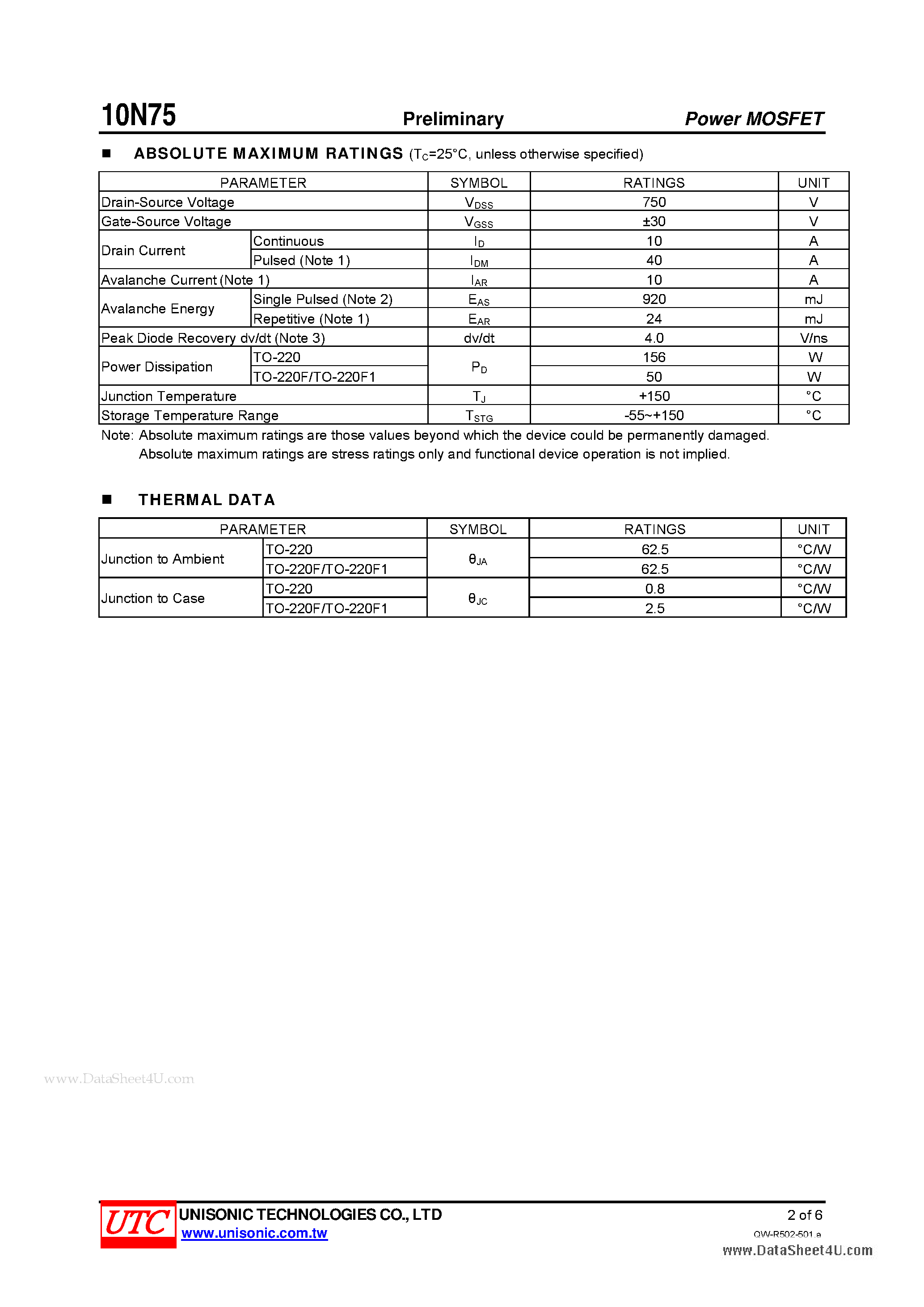 Даташит 10N75 - N-CHANNEL POWER MOSFET страница 2