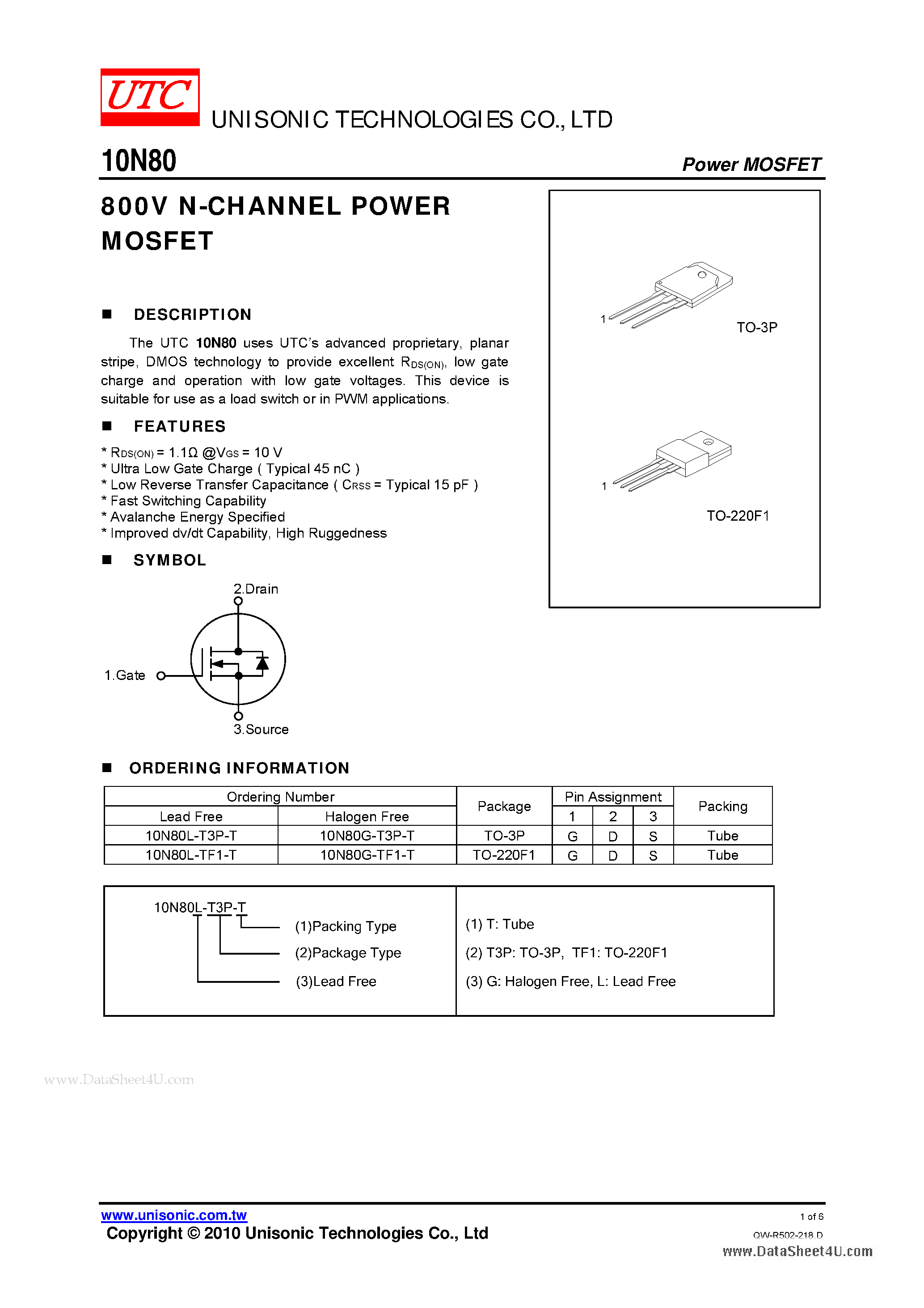 Даташит 10N80 - N-CHANNEL POWER MOSFET страница 1