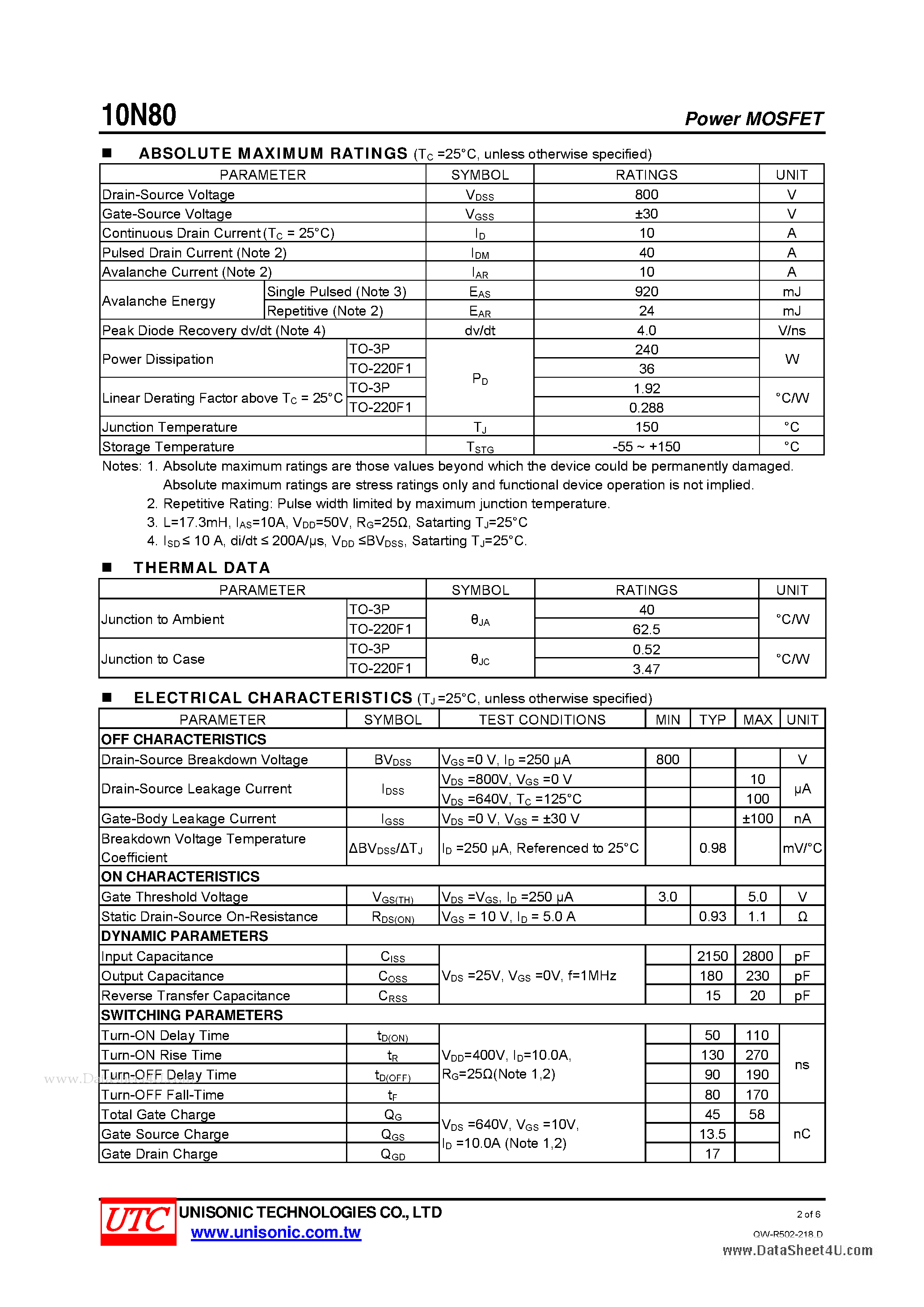 Даташит 10N80 - N-CHANNEL POWER MOSFET страница 2