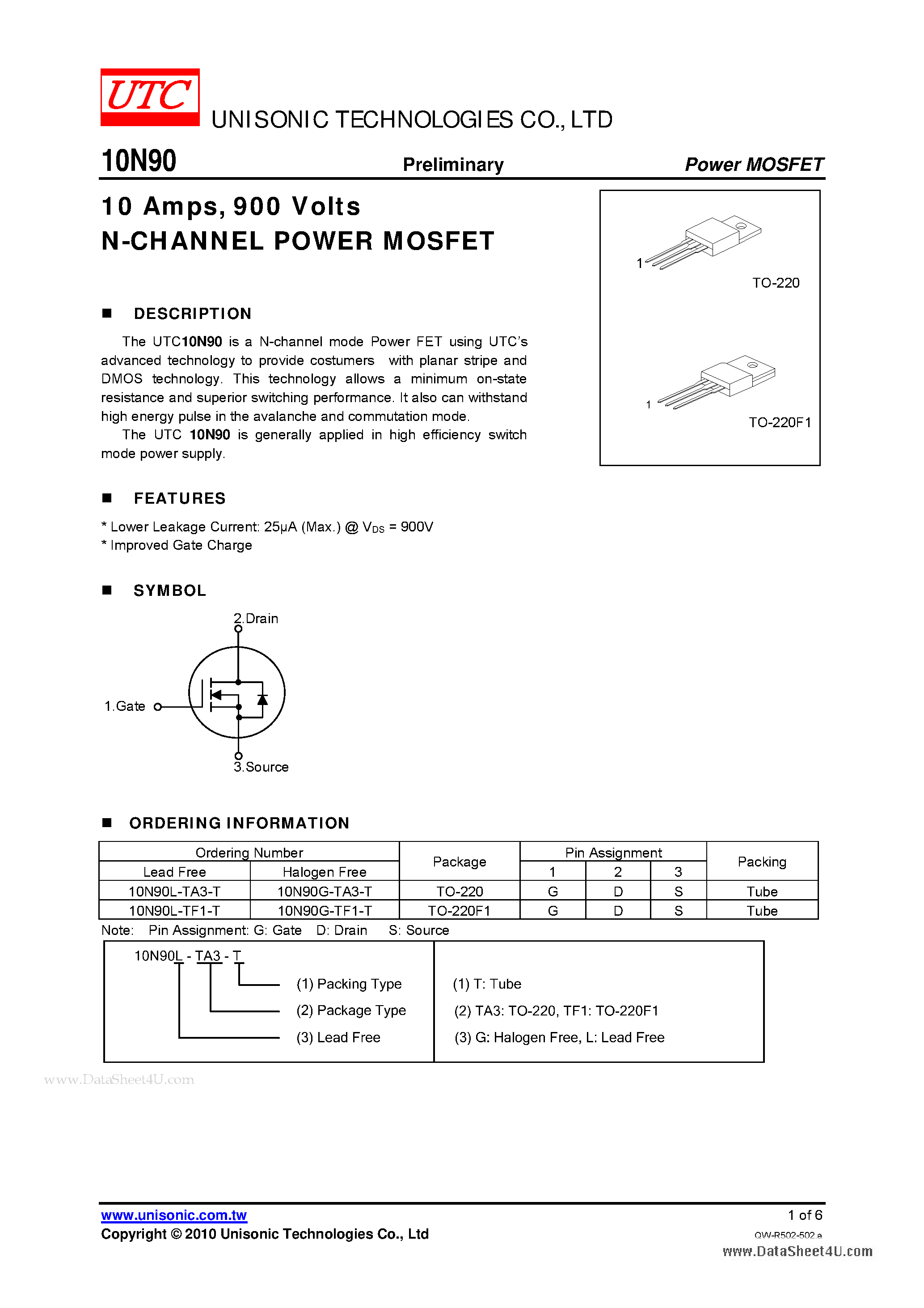 Даташит 10N90 - N-CHANNEL POWER MOSFET страница 1