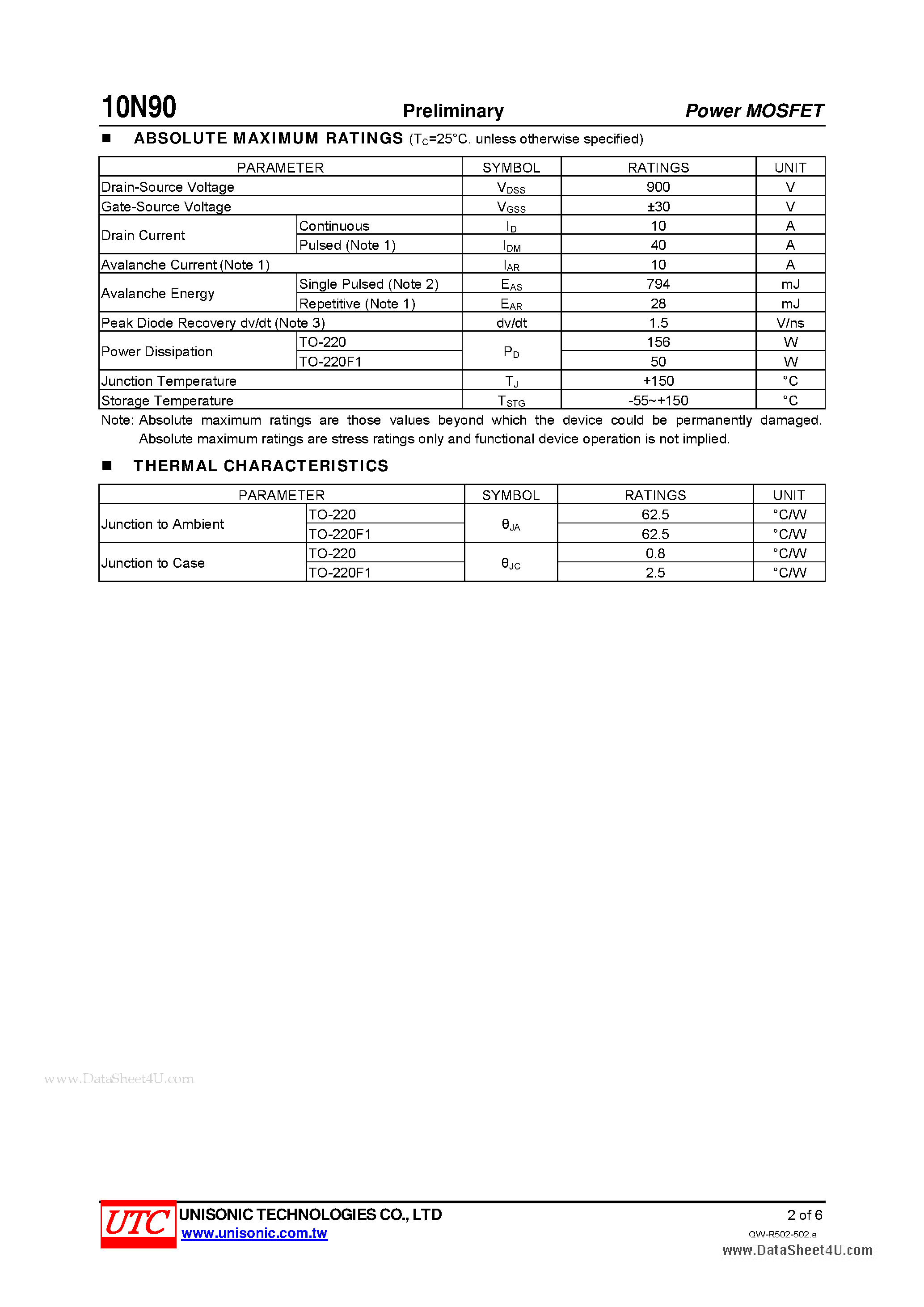 Даташит 10N90 - N-CHANNEL POWER MOSFET страница 2