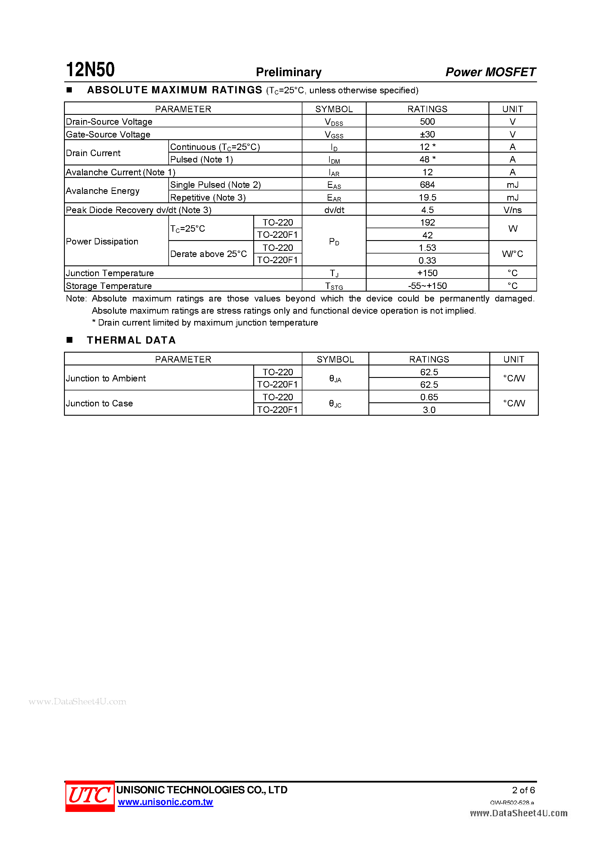 Даташит 12N50 - N-CHANNEL POWER MOSFET страница 2