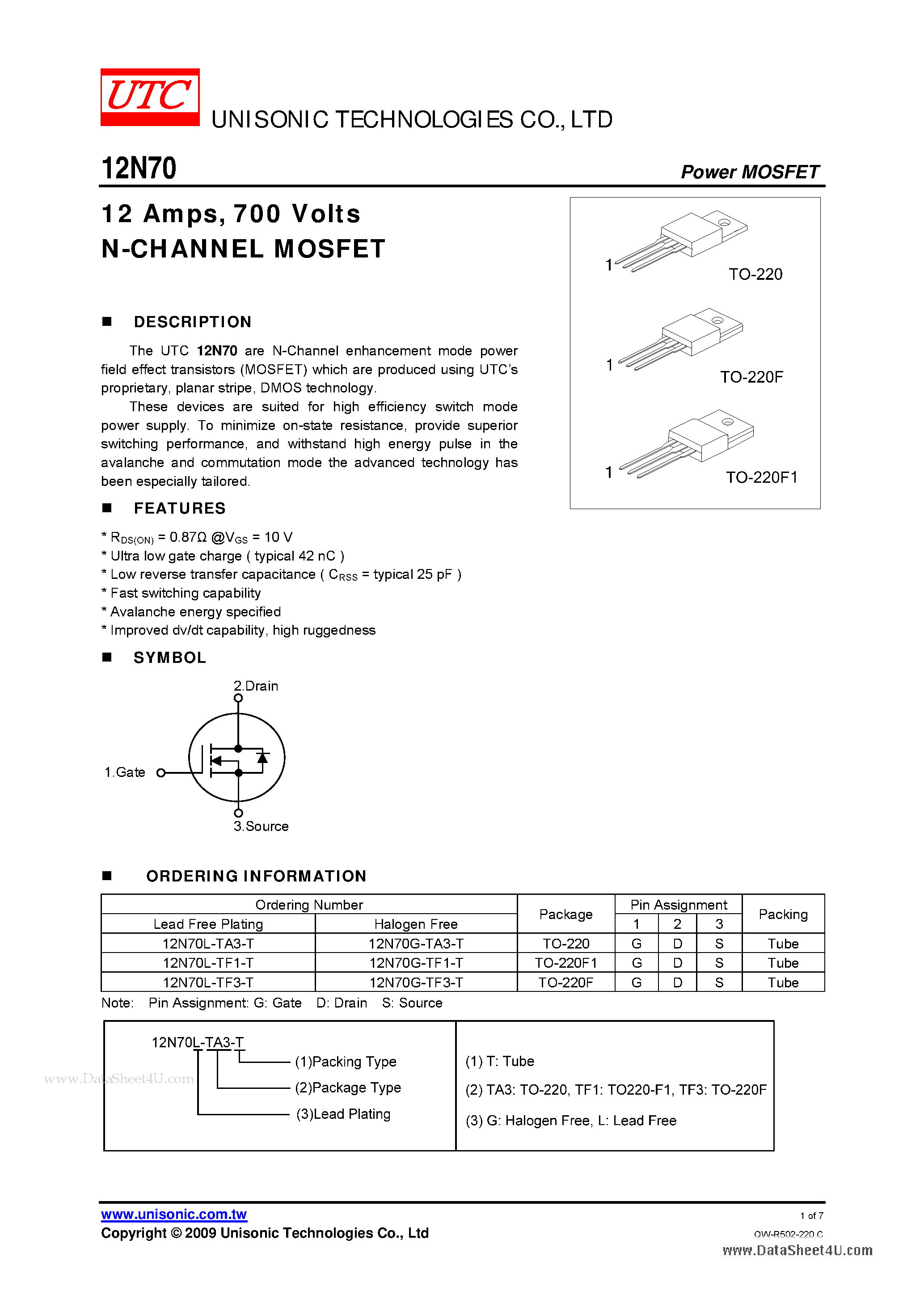 Даташит 12N70 - N-CHANNEL POWER MOSFET страница 1