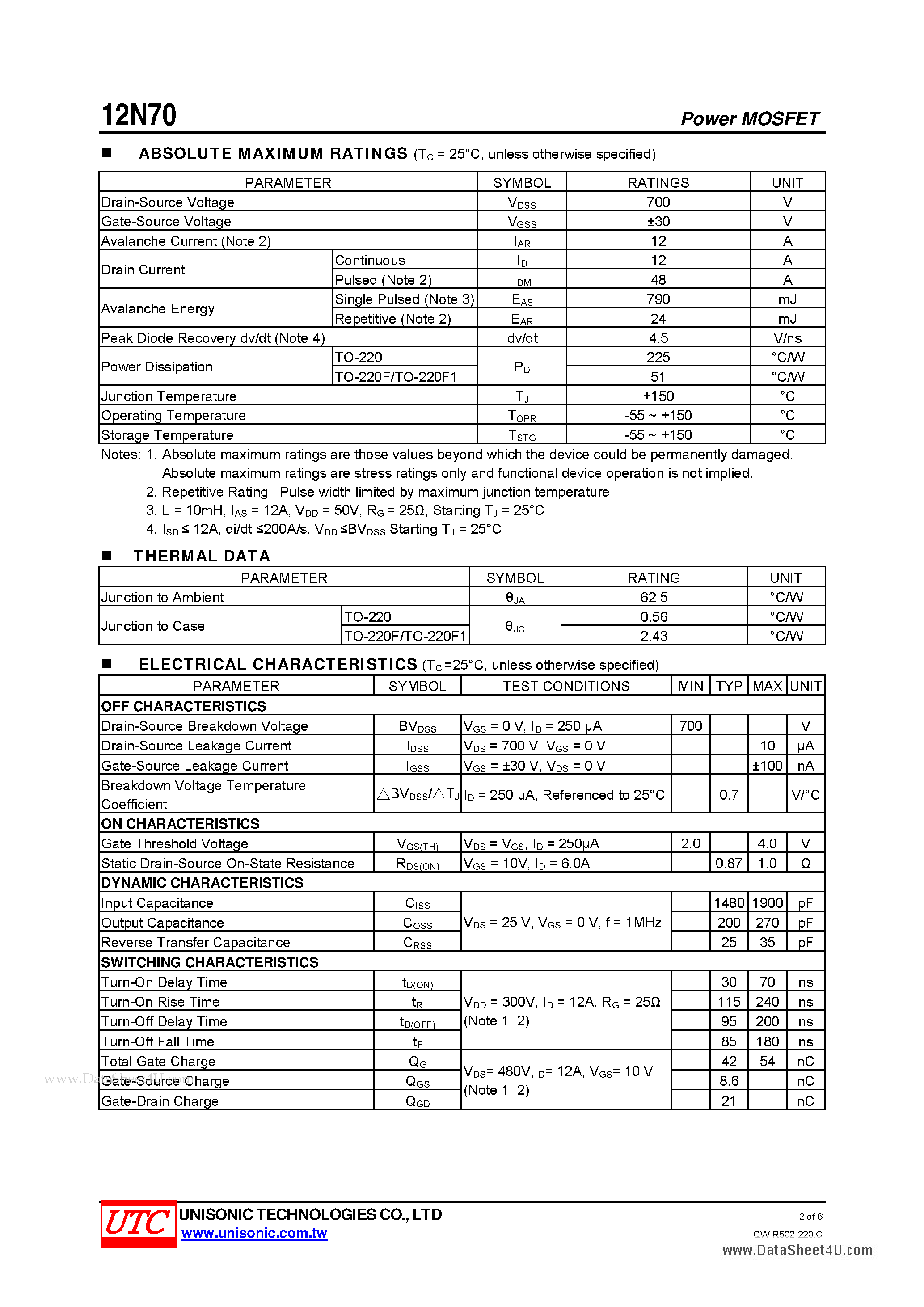 Даташит 12N70 - N-CHANNEL POWER MOSFET страница 2