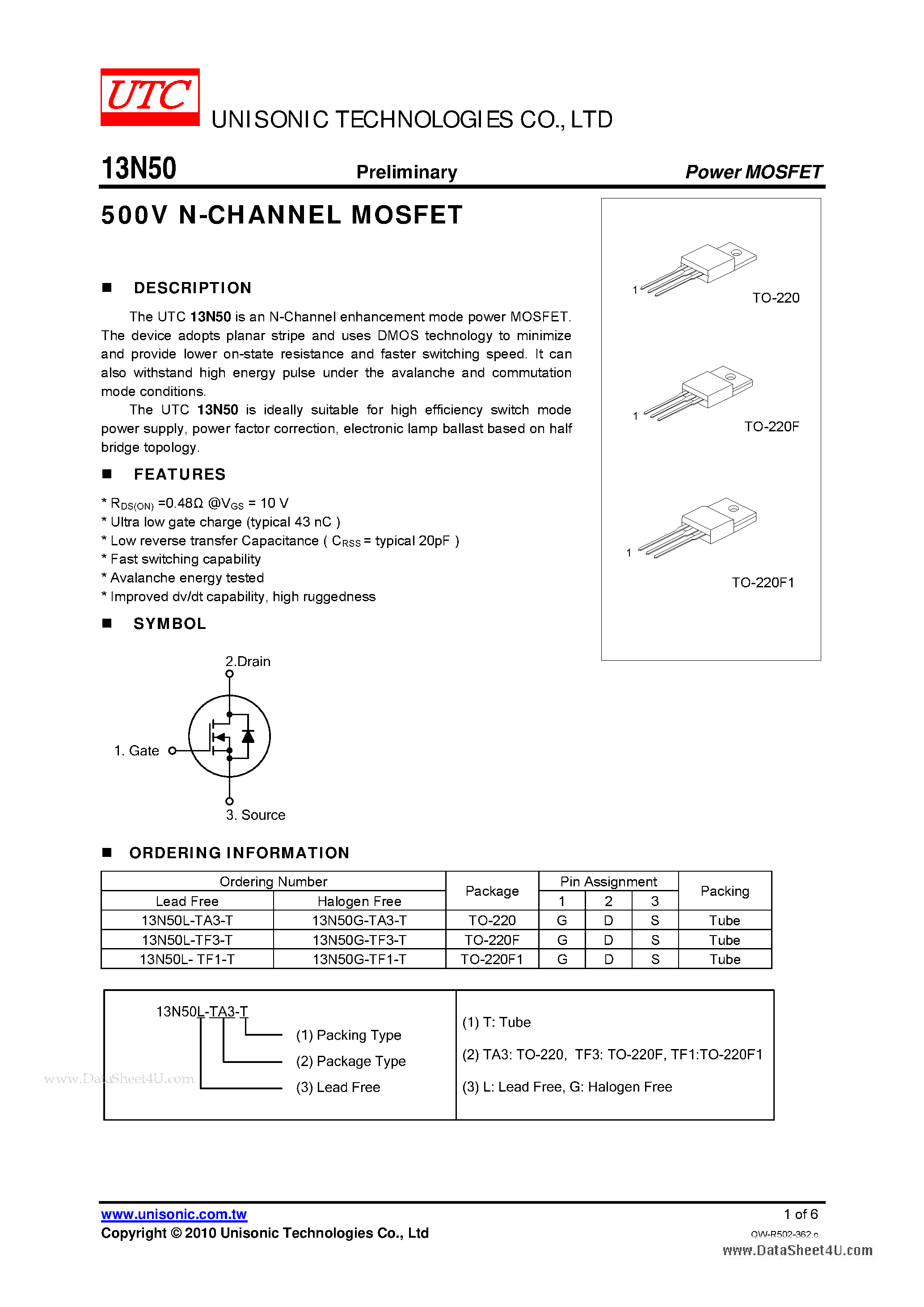 Даташит 13N50 - N-CHANNEL POWER MOSFET страница 1