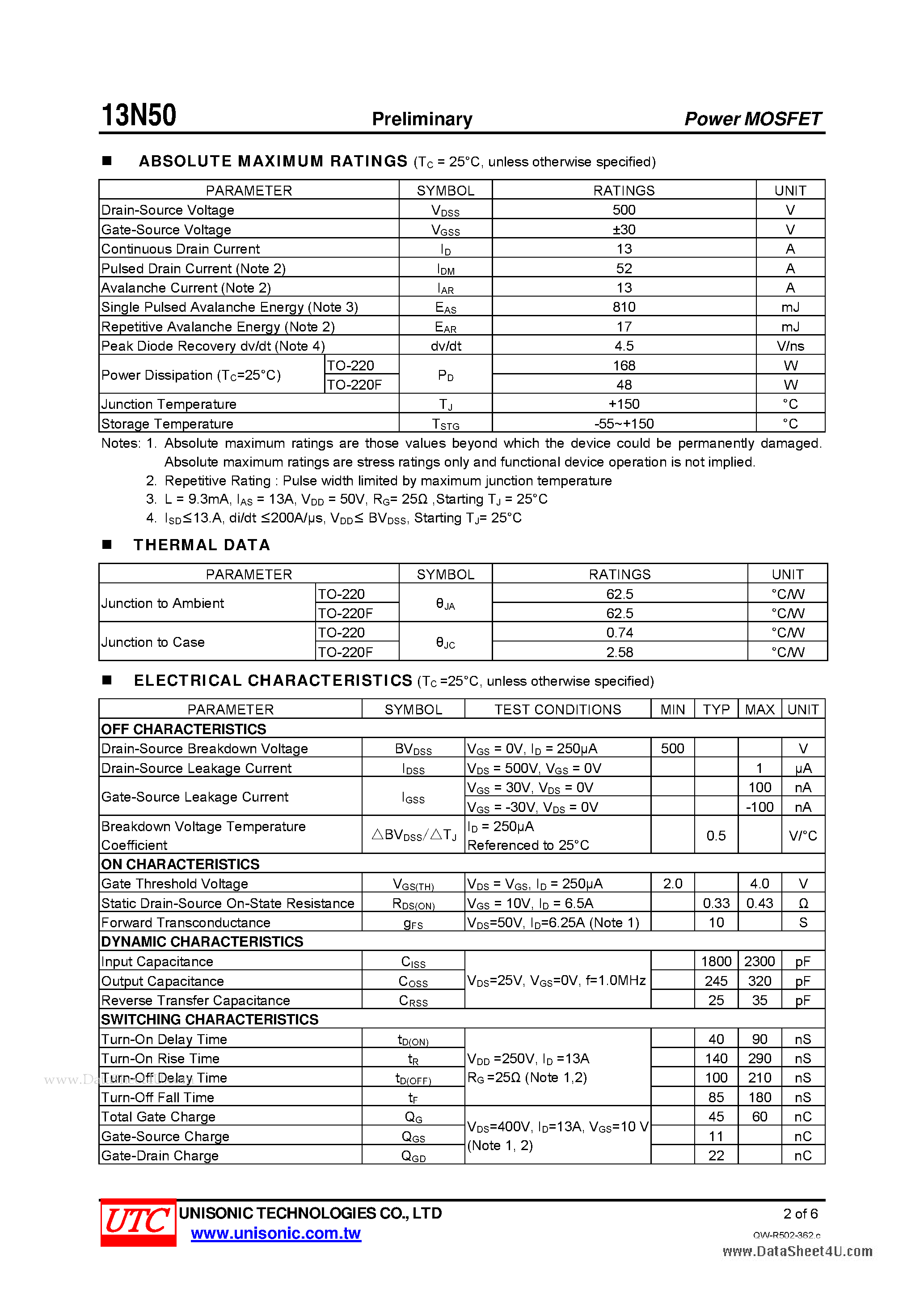 Даташит 13N50 - N-CHANNEL POWER MOSFET страница 2