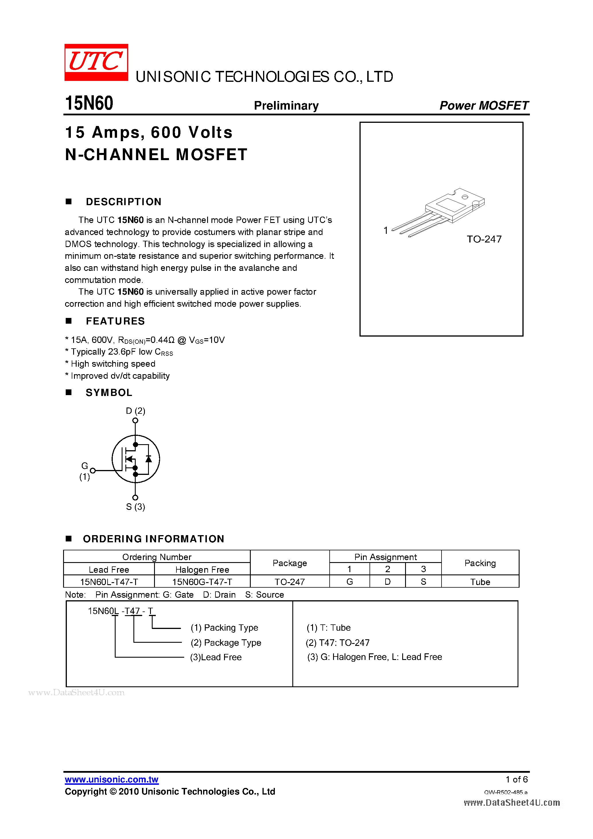 Даташит 15N60 - N-CHANNEL POWER MOSFET страница 1