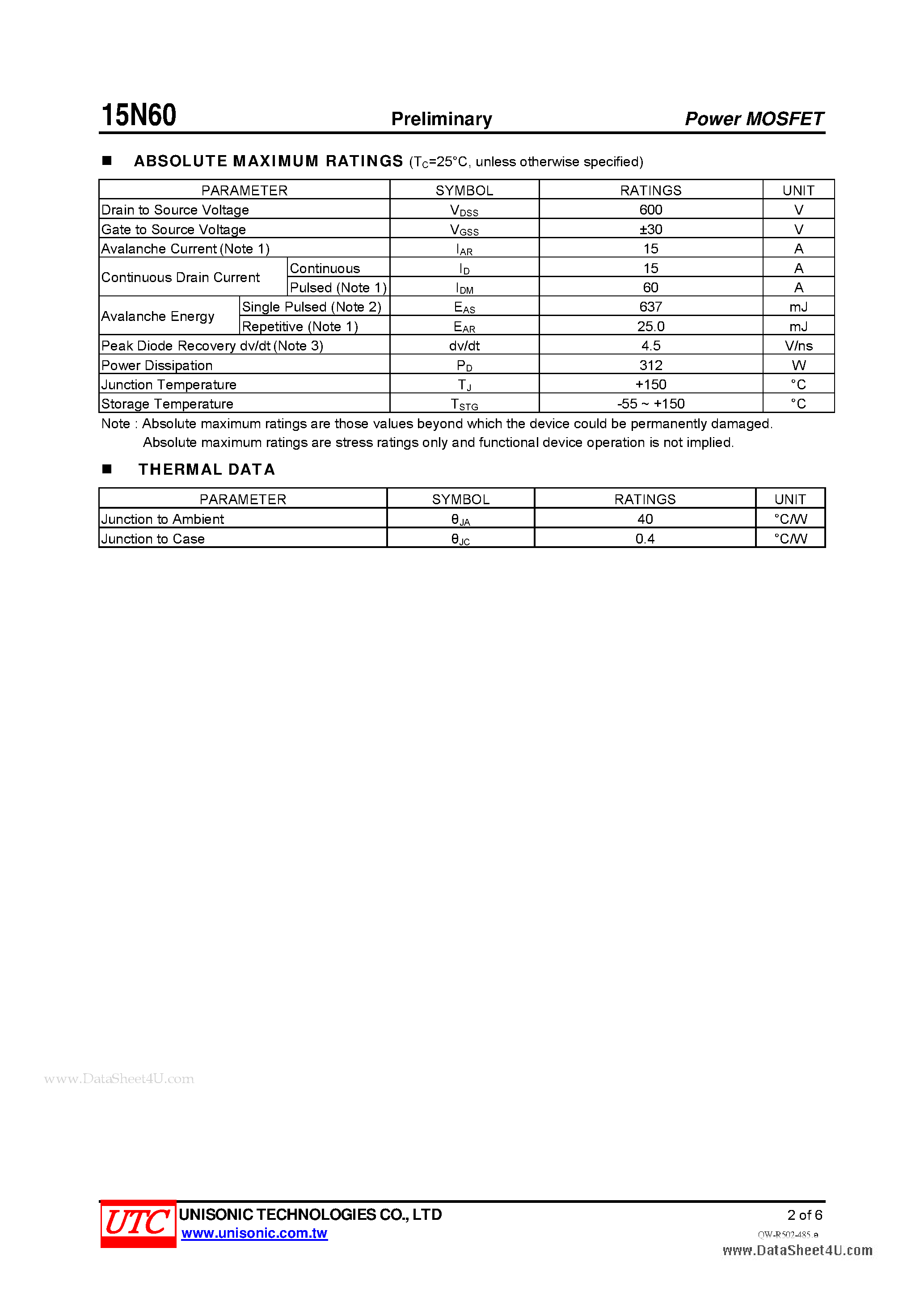 Даташит 15N60 - N-CHANNEL POWER MOSFET страница 2