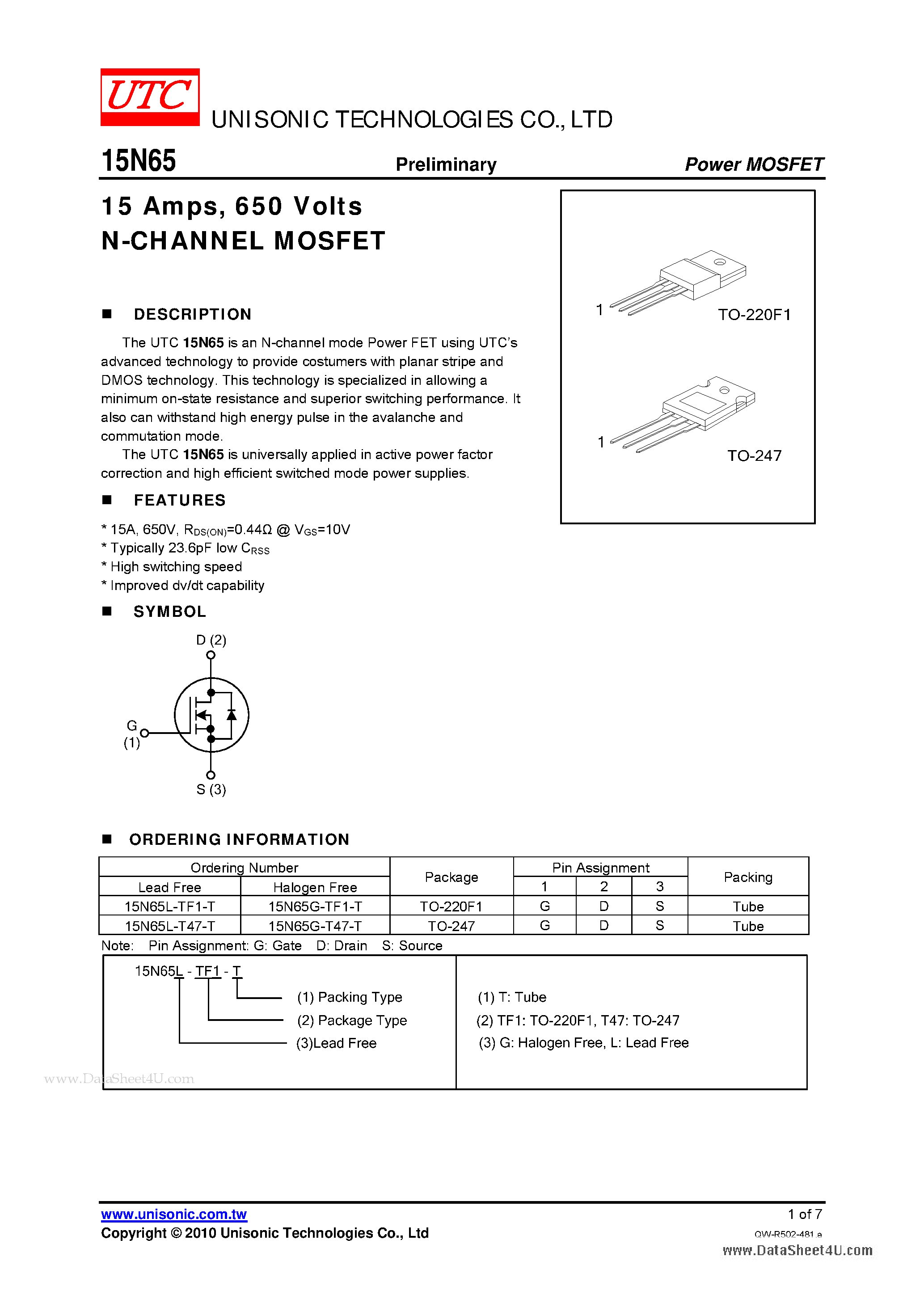 Даташит 15N65 - N-CHANNEL POWER MOSFET страница 1