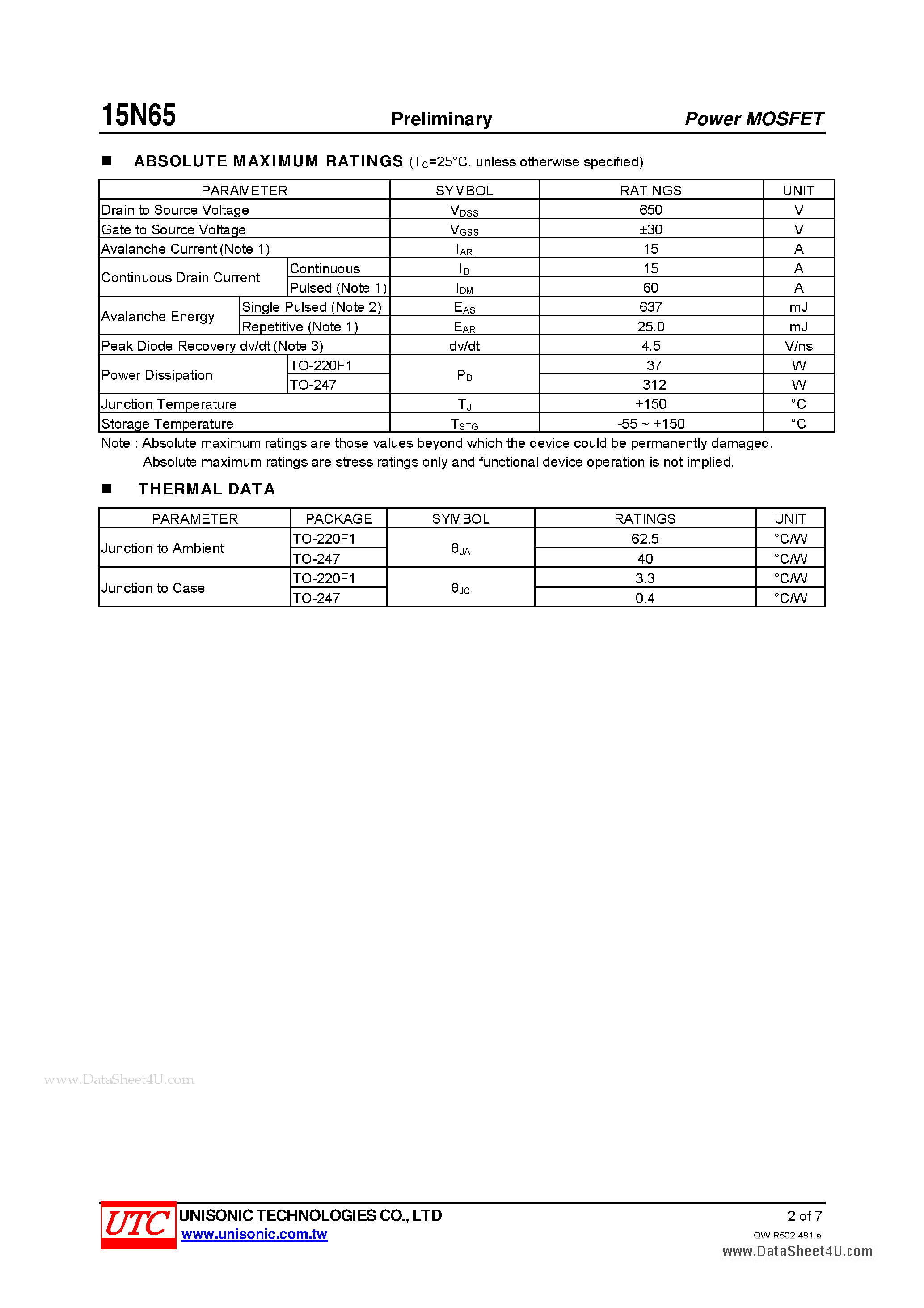 Даташит 15N65 - N-CHANNEL POWER MOSFET страница 2