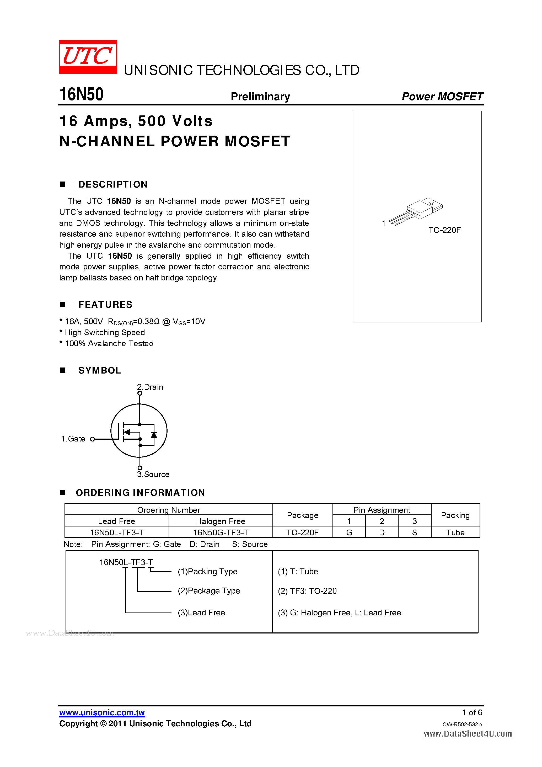 Даташит 16N50 - N-CHANNEL POWER MOSFET страница 1