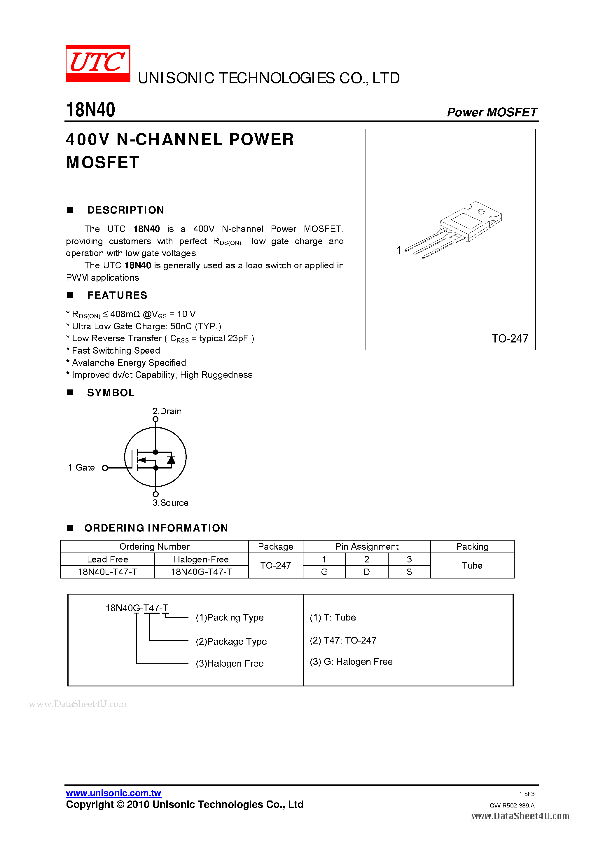 Даташит 18N40 - N-CHANNEL POWER MOSFET страница 1