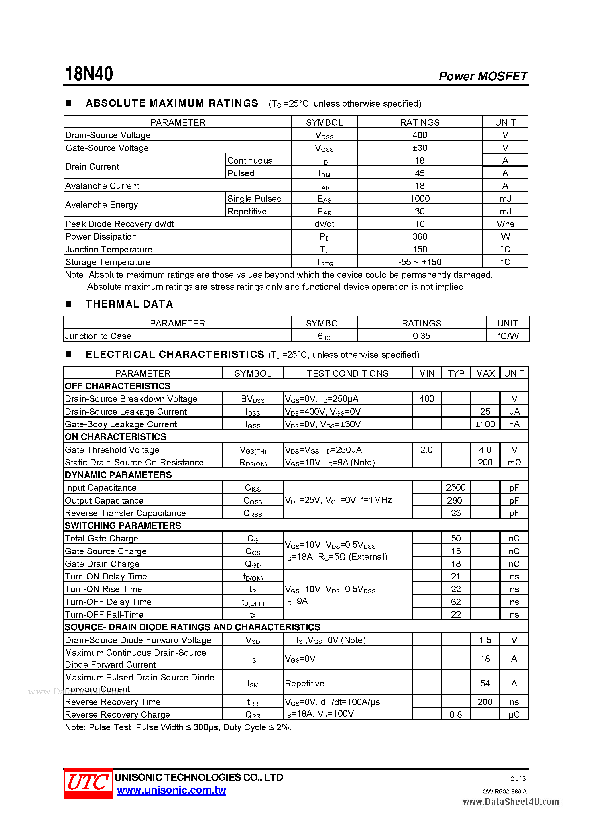 Даташит 18N40 - N-CHANNEL POWER MOSFET страница 2