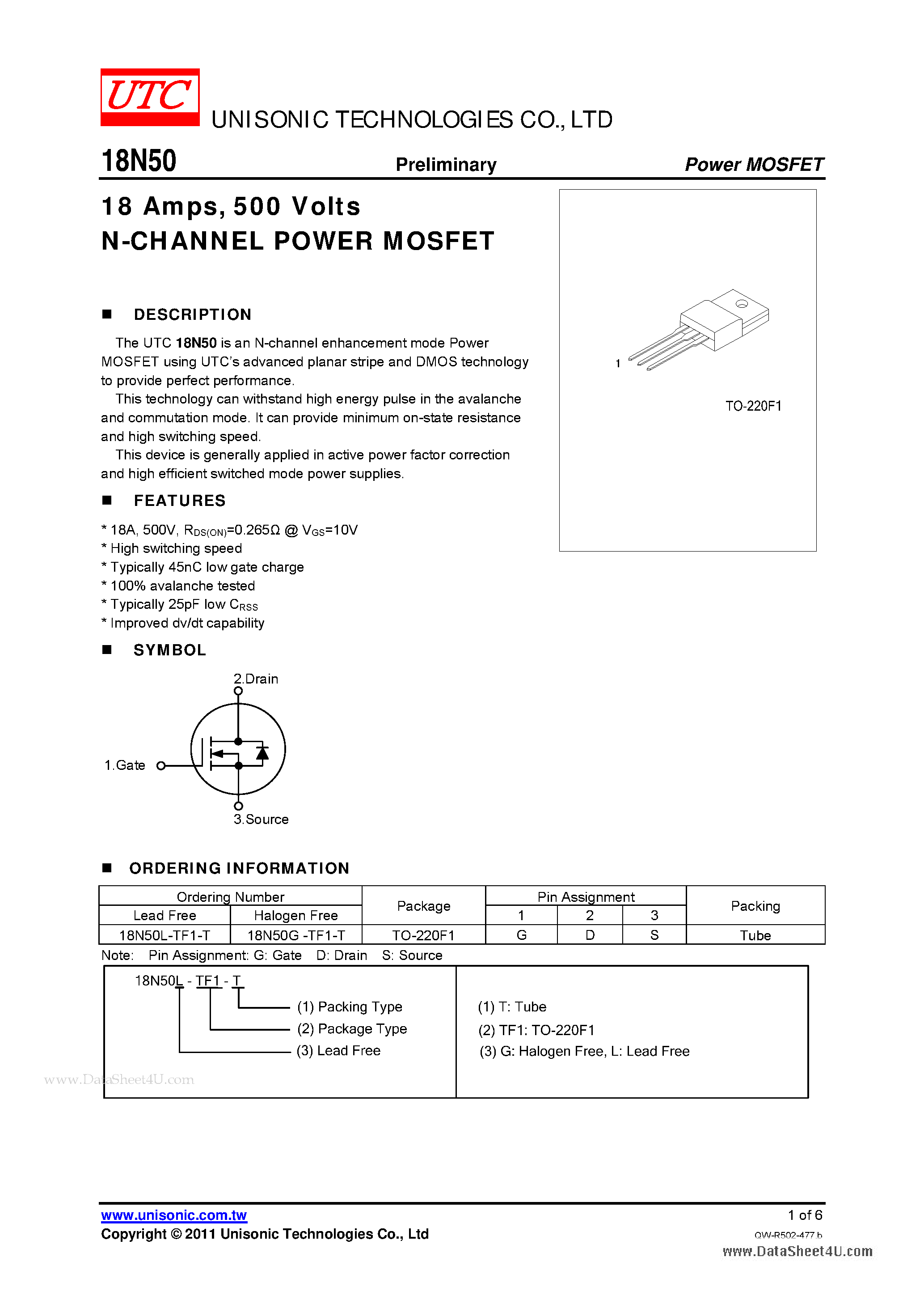 Даташит 18N50 - N-CHANNEL POWER MOSFET страница 1