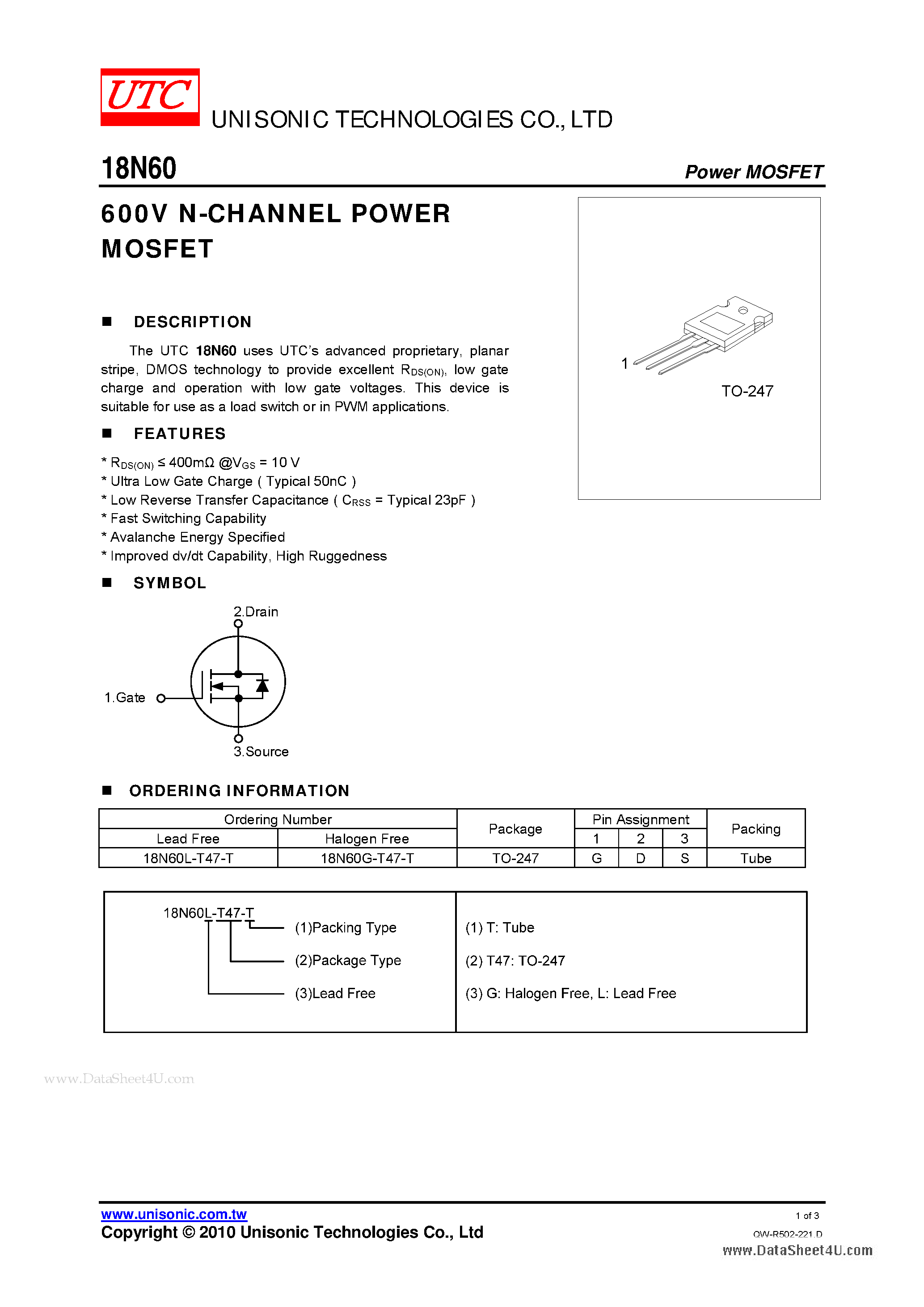 Даташит 18N60 - N-CHANNEL POWER MOSFET страница 1