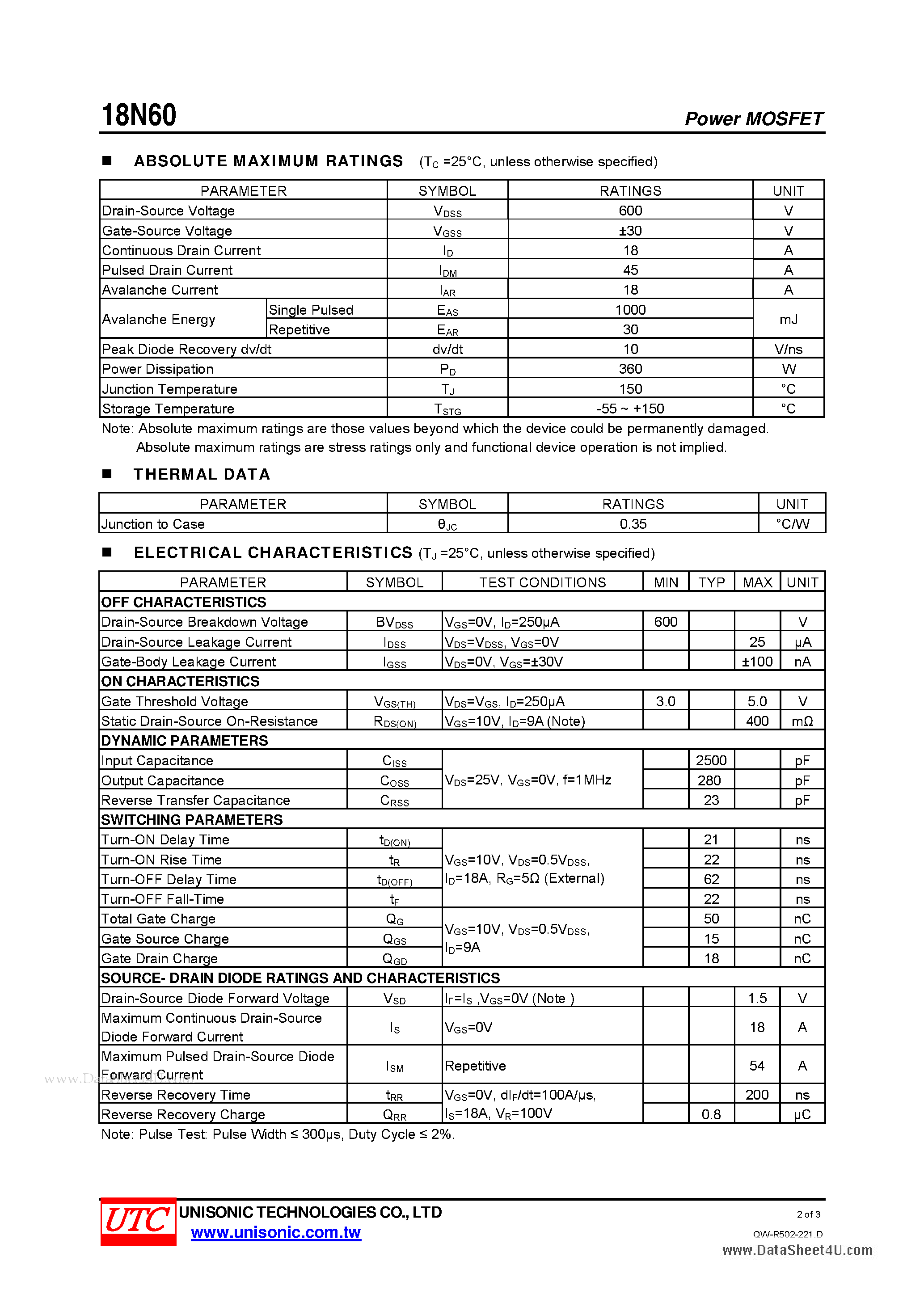Даташит 18N60 - N-CHANNEL POWER MOSFET страница 2