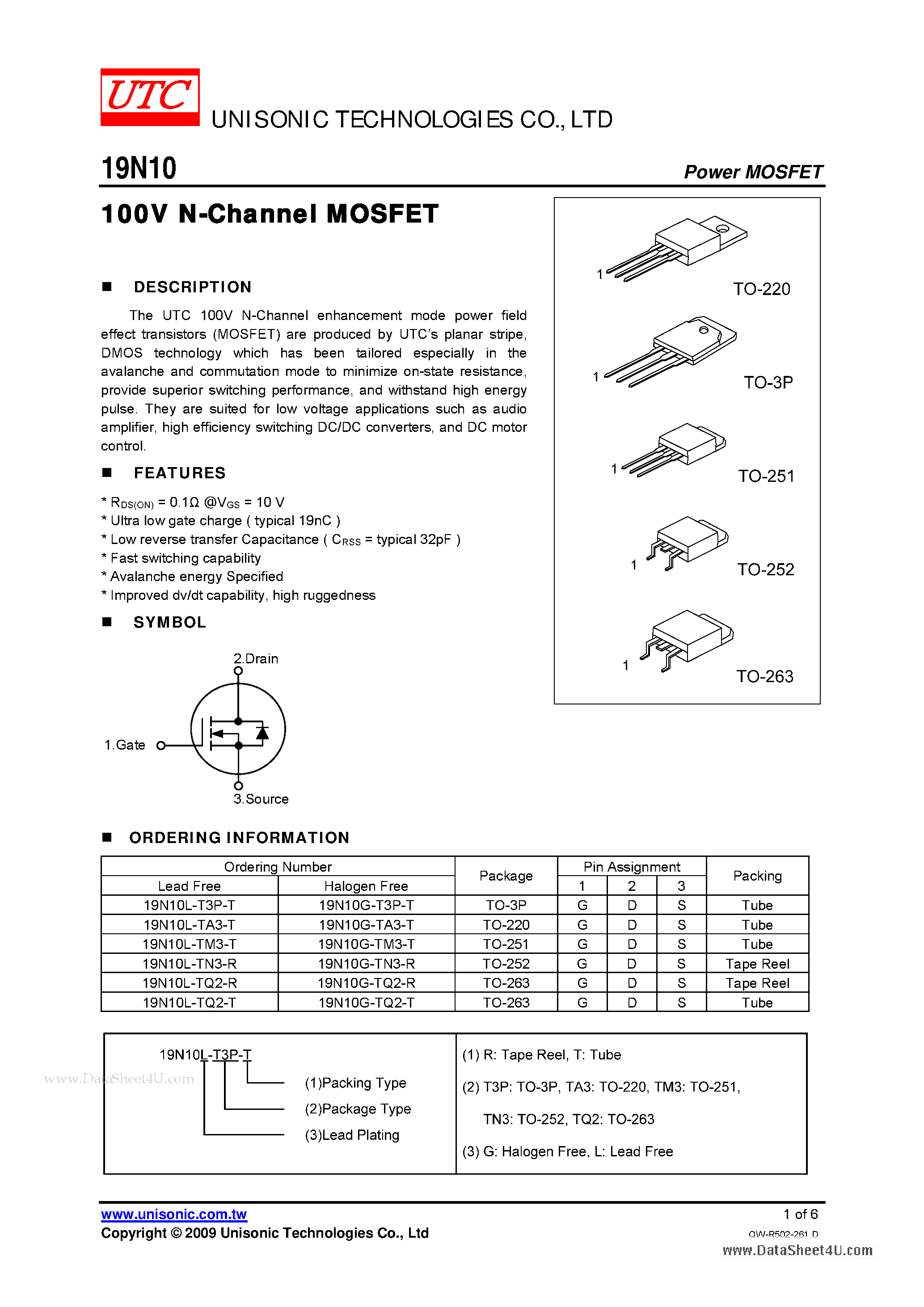 Даташит 19N10 - N-CHANNEL POWER MOSFET страница 1