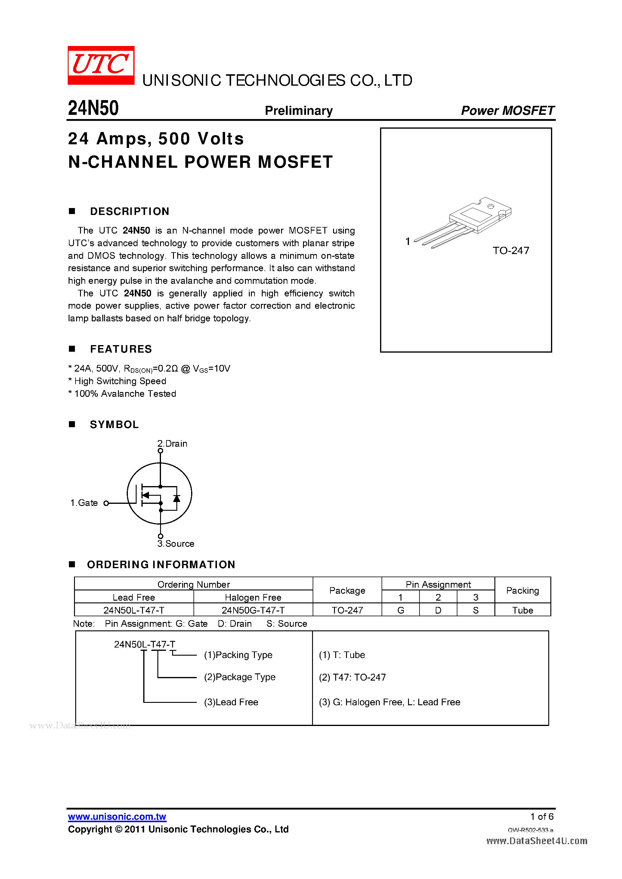 Даташит 24N50 - N-CHANNEL POWER MOSFET страница 1