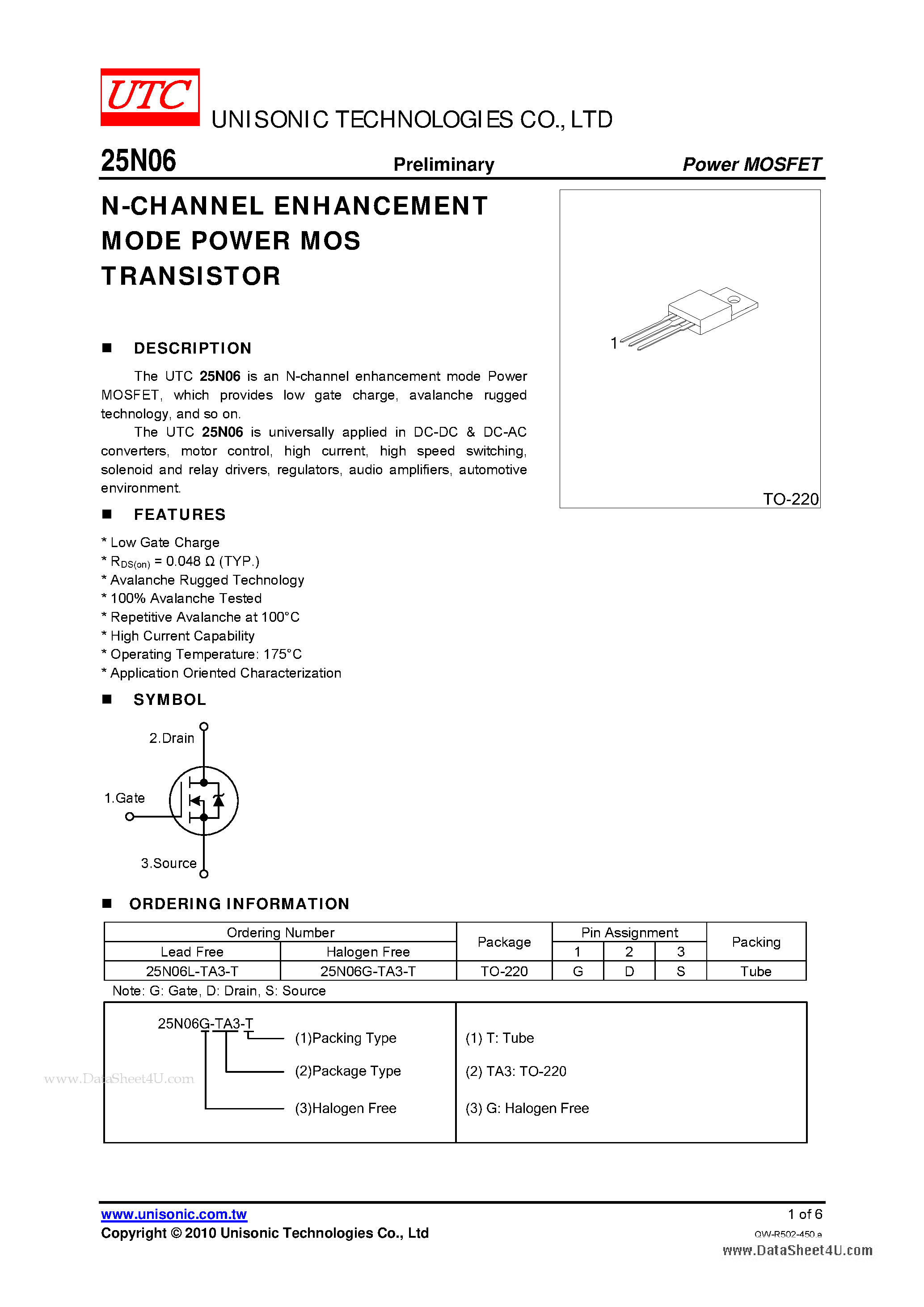 Даташит 25N06 - N-CHANNEL POWER MOSFET страница 1